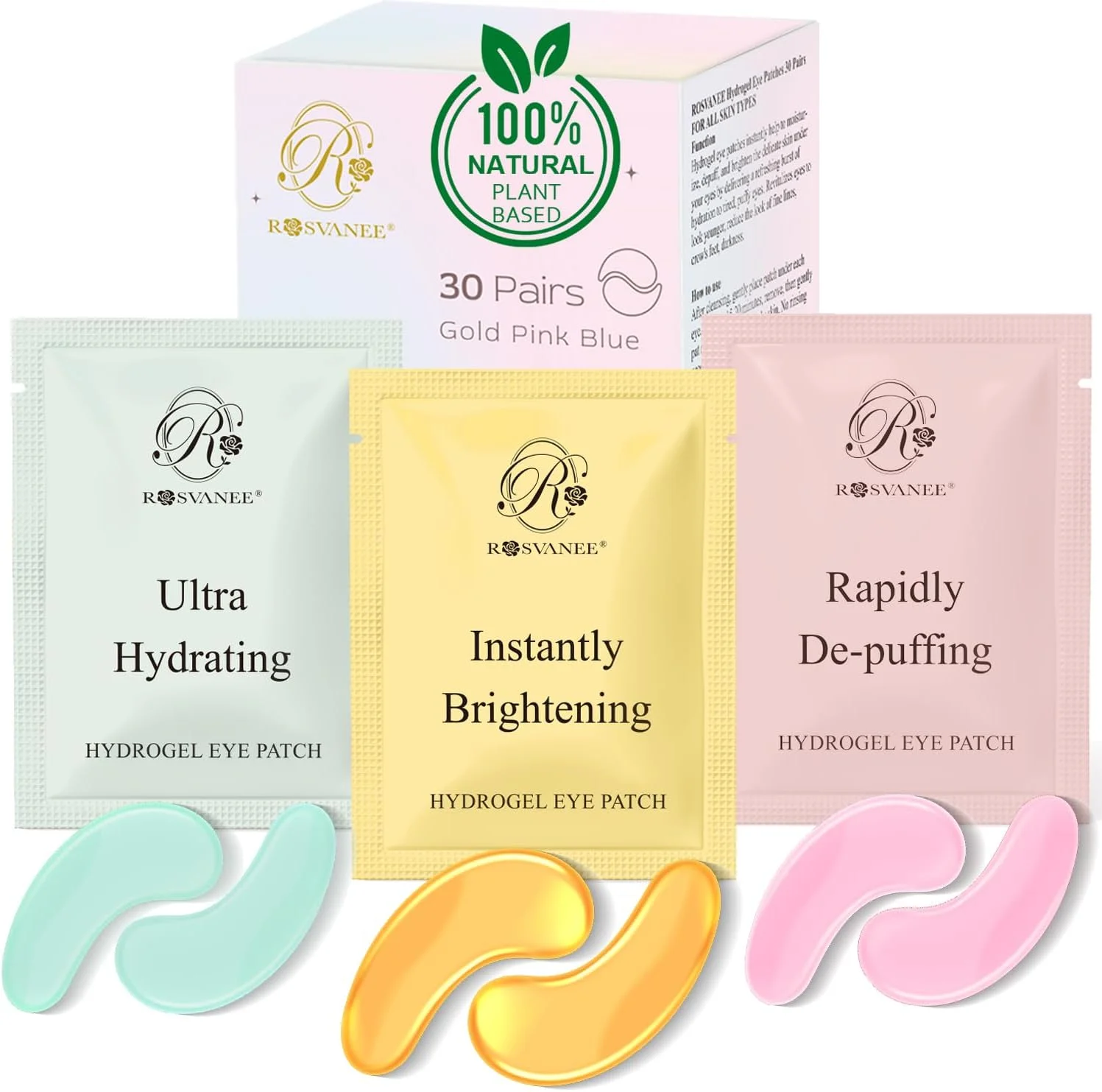 پدهای زیر چشم، 30 جفت ماسک چشم برای سیاهی دور چشم، پف، کیسه های زیر چشم، چین و چروک، پدهای ماسک چشم هیدروژل با طلای 24K، اسید هیالورونیک آبی، گل رز صورتی