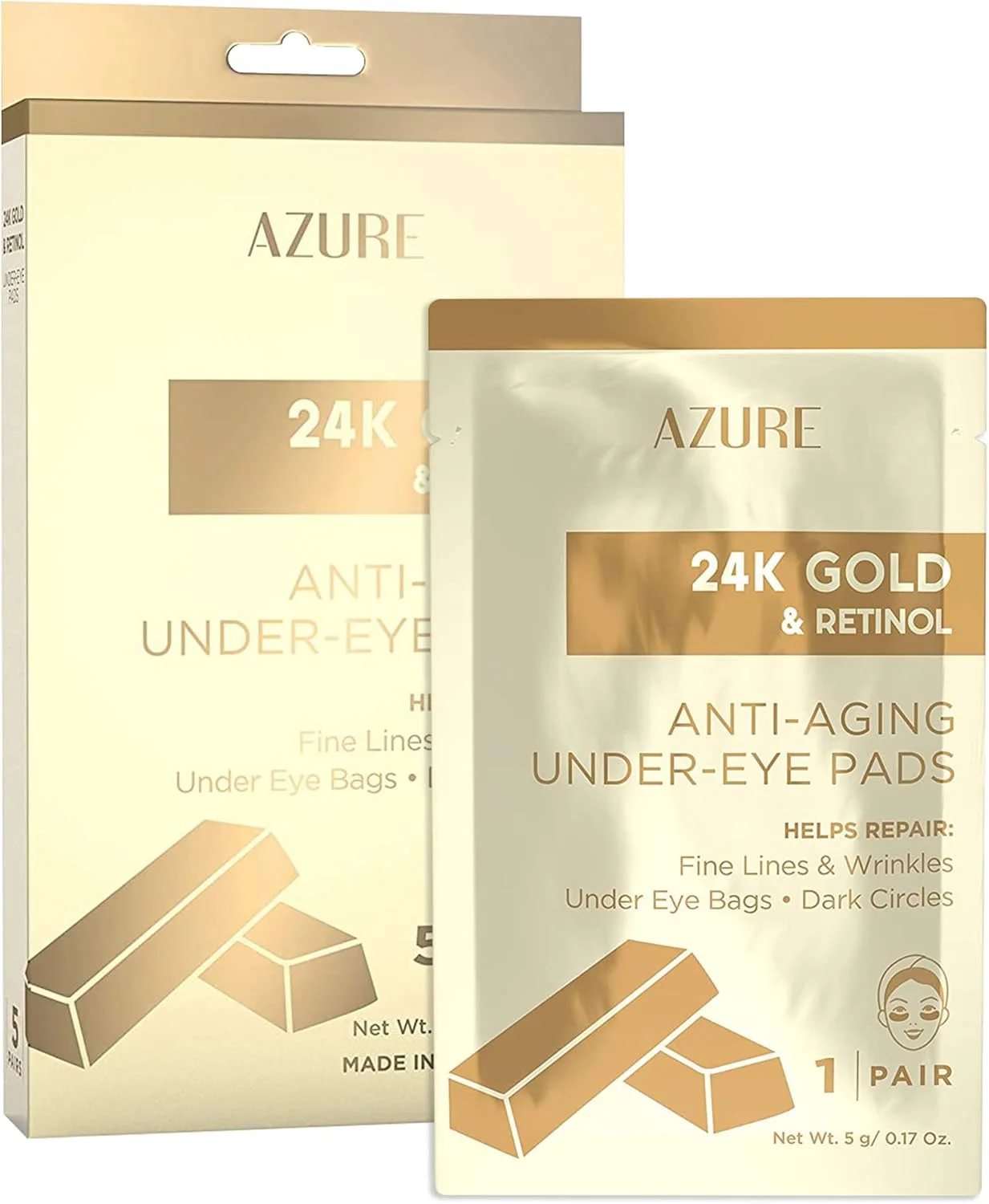 پچ زیر چشم ضد پیری طلای 24 عیار و رتینول AZURE - سفت کننده، احیا کننده و مرطوب کننده عمیق ماسک چشم - کاهش خطوط ریز، چین و چروک، حلقه های تیره و پف کردگی - مراقبت از پوست ساخت کره - 5 جفت