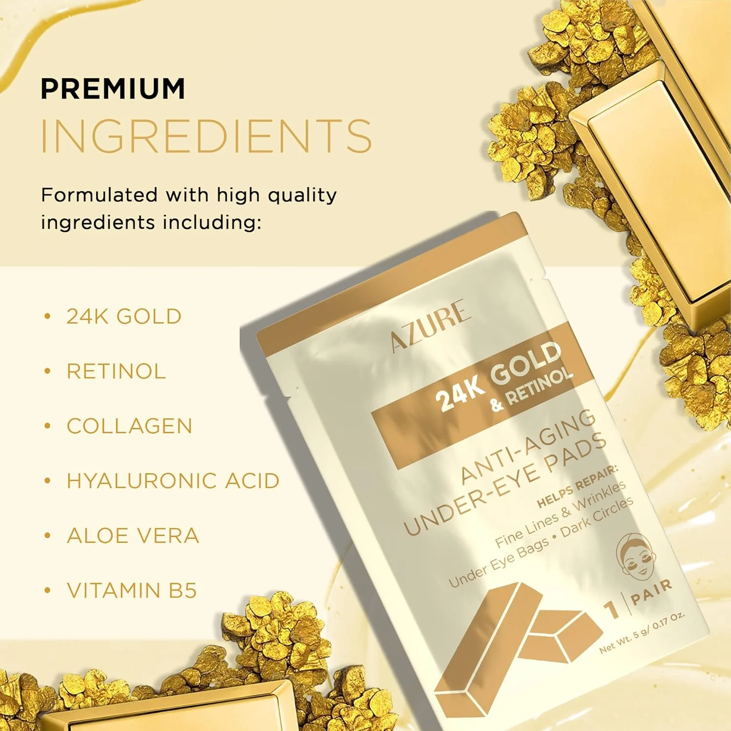 پچ زیر چشم ضد پیری طلای 24 عیار و رتینول AZURE - سفت کننده، احیا کننده و مرطوب کننده عمیق ماسک چشم - کاهش خطوط ریز، چین و چروک، حلقه های تیره و پف کردگی - مراقبت از پوست ساخت کره - 5 جفت
