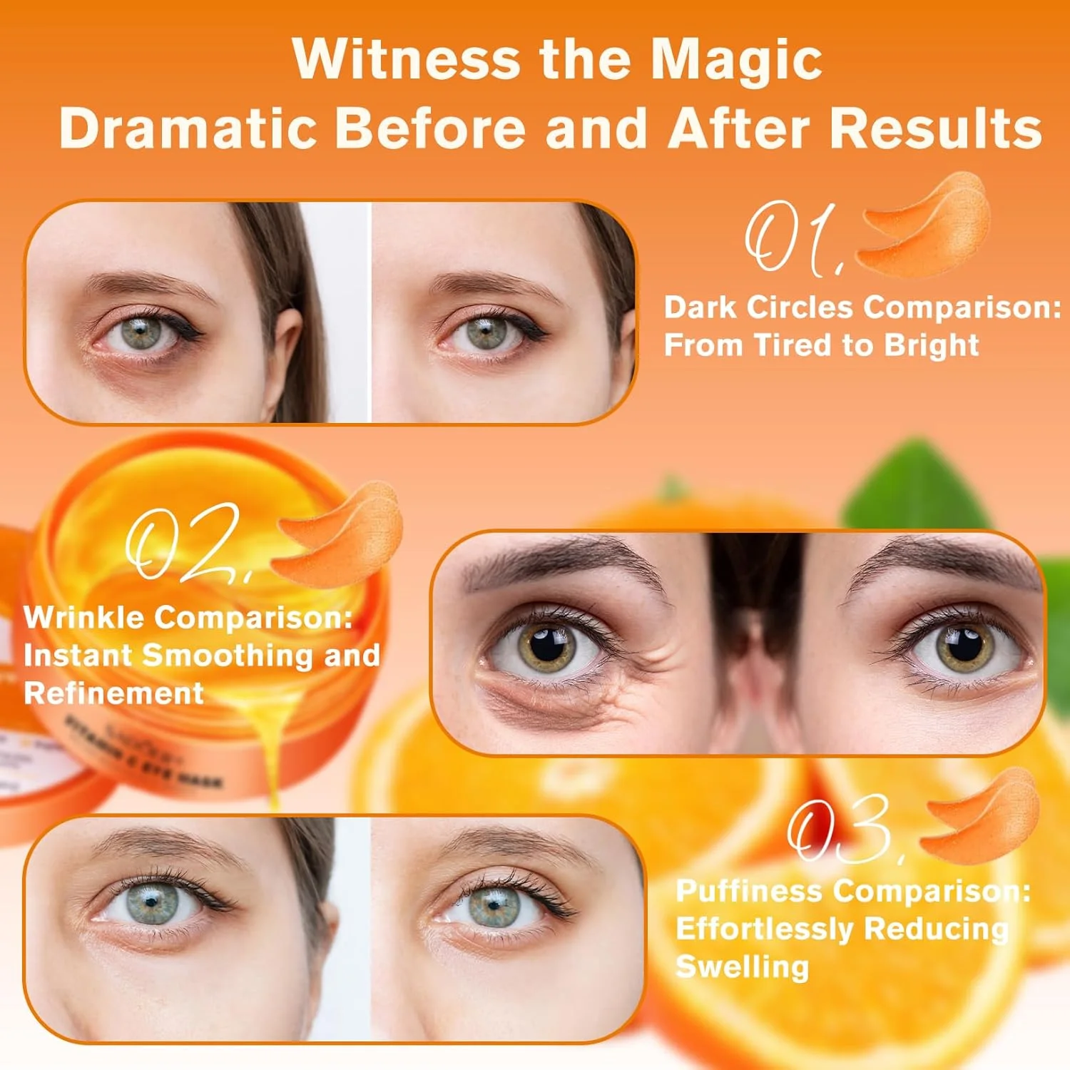 پچ های ژلی زیر چشم پرتقالی احیا کننده 60 عددی، روشن کننده تیرگی دور چشم، ماسک های آبرسان چشم برای پف و چین و چروک، راه حل طراوت بخش مراقبت از پوست برای همه
