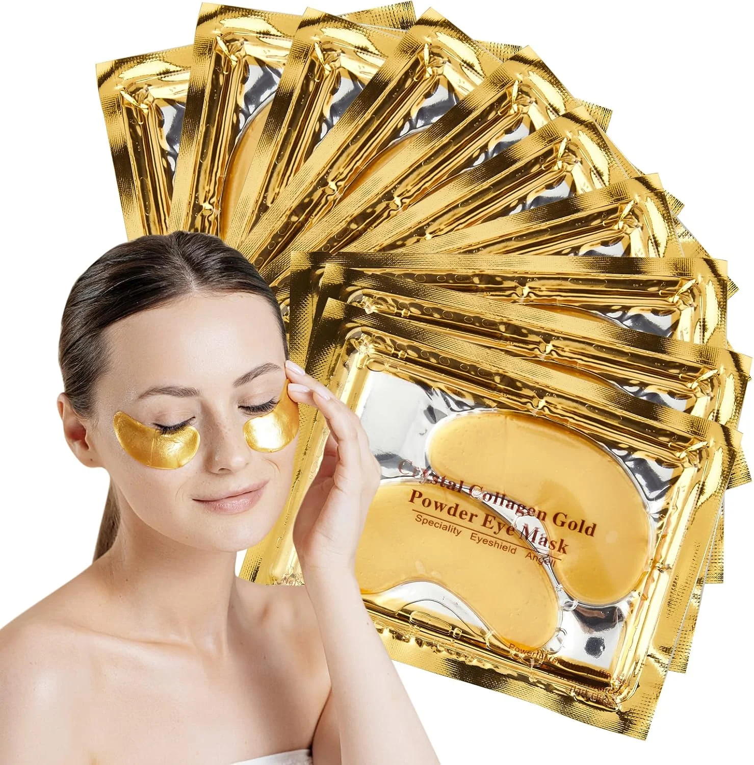 ماسک های درمان زیر چشم طلای 24 عیار HIQUAY، ماسک چشم برای حلقه های تیره، کلاژن ژل پودر طلای کریستالی برای چین و چروک زیر چشم، رفع پف زیر چشم، آبرسان، پف کرده 20 عدد / 10 جفت