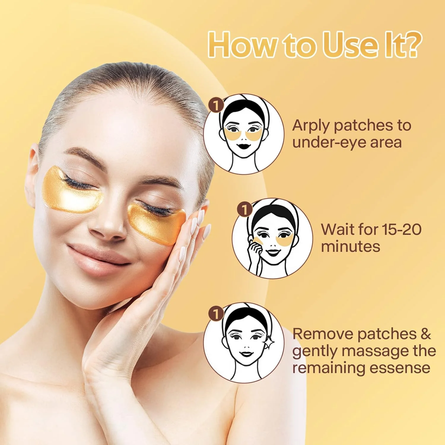 ماسک های درمان زیر چشم طلای 24 عیار HIQUAY، ماسک چشم برای حلقه های تیره، کلاژن ژل پودر طلای کریستالی برای چین و چروک زیر چشم، رفع پف زیر چشم، آبرسان، پف کرده 20 عدد / 10 جفت