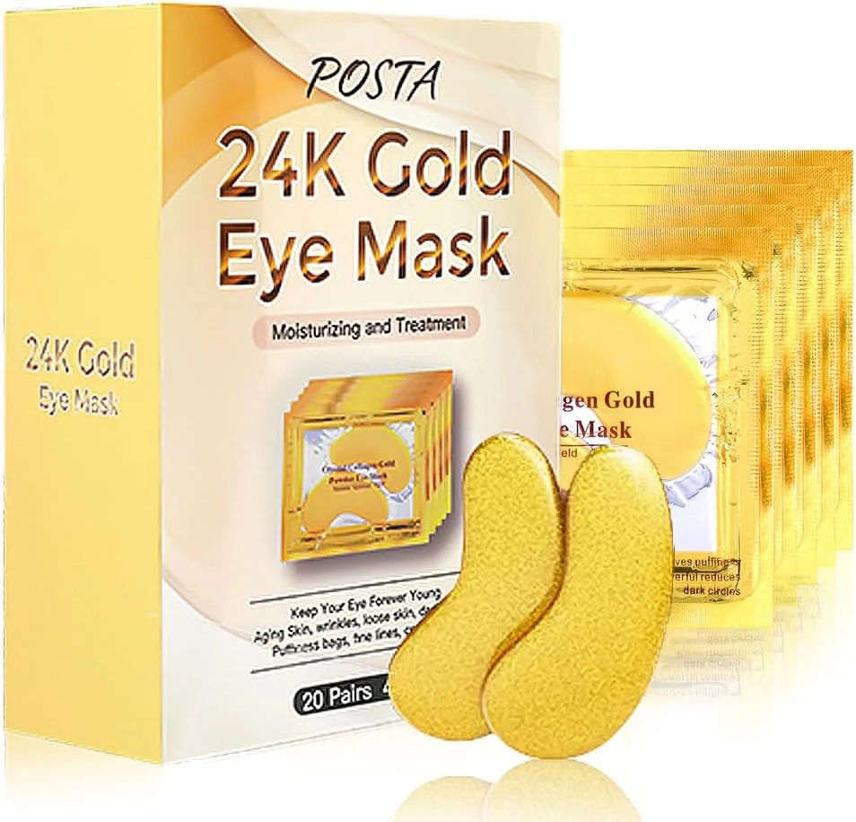 ماسک چشم طلا 24 عیار POSTA، 20 جفت 40 عدد ماسک درمانی چشم حاوی کلاژن، ماسک زیر چشم برای پف زیر چشم، رفع تیرگی دور چشم، مناسب برای رفع پف کردگی، پچ های ضد پیری برای زنان و مردان