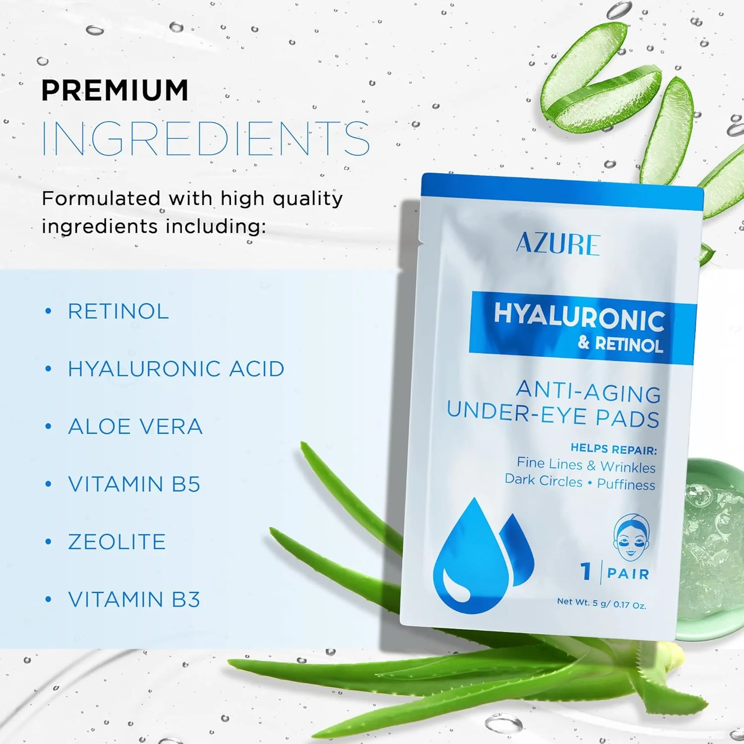 پدهای زیر چشم حاوی هیالورونیک و رتینول AZURE - مرطوب کننده و احیا کننده - کاهش خطوط ریز، چین و چروک، تیرگی و پف - مراقبت از پوست ساخت کره - 5 جفت