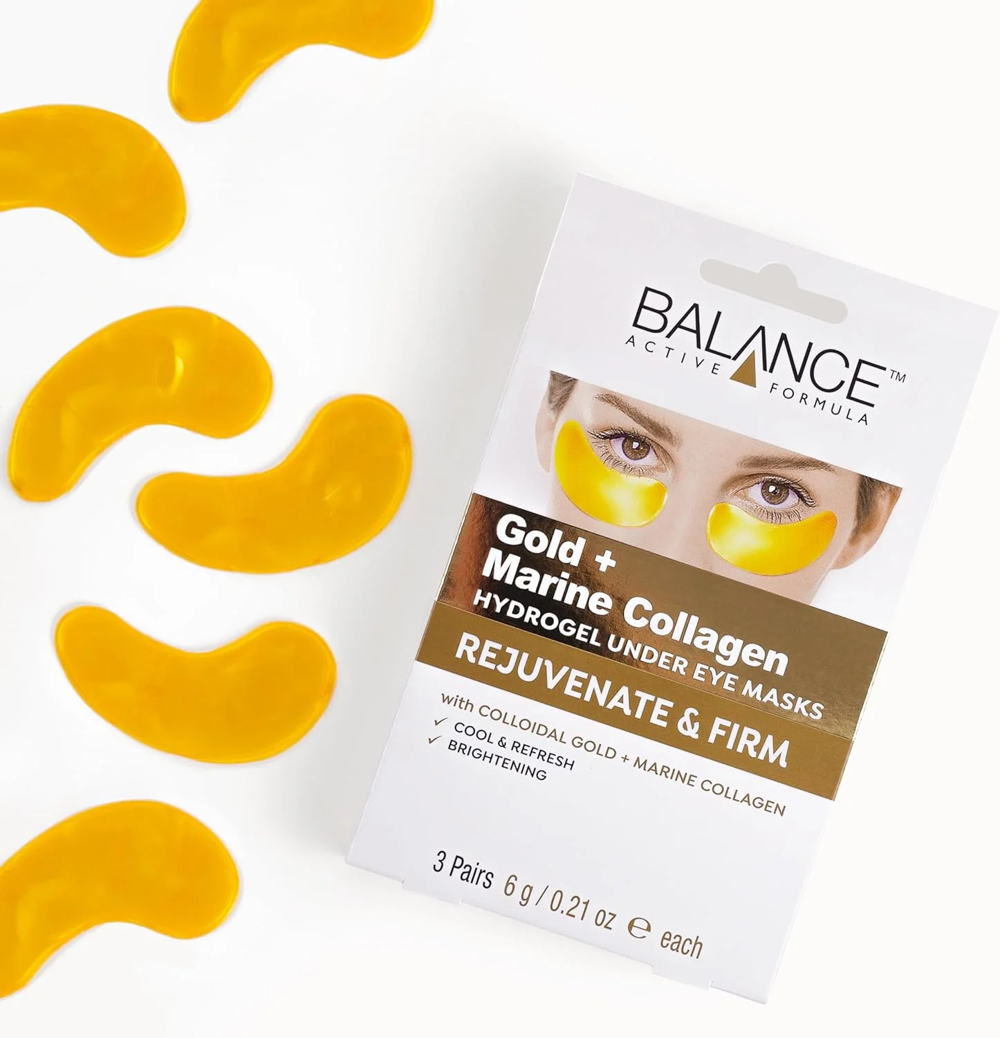 پچ زیر چشم هیدروژلی کلاژن دریایی و طلای اکتیو فرمولا (3 جفت). خنک کننده، طراوت بخش و احیا کننده فوری پوست خسته دور چشم. بدون تست حیوانی.