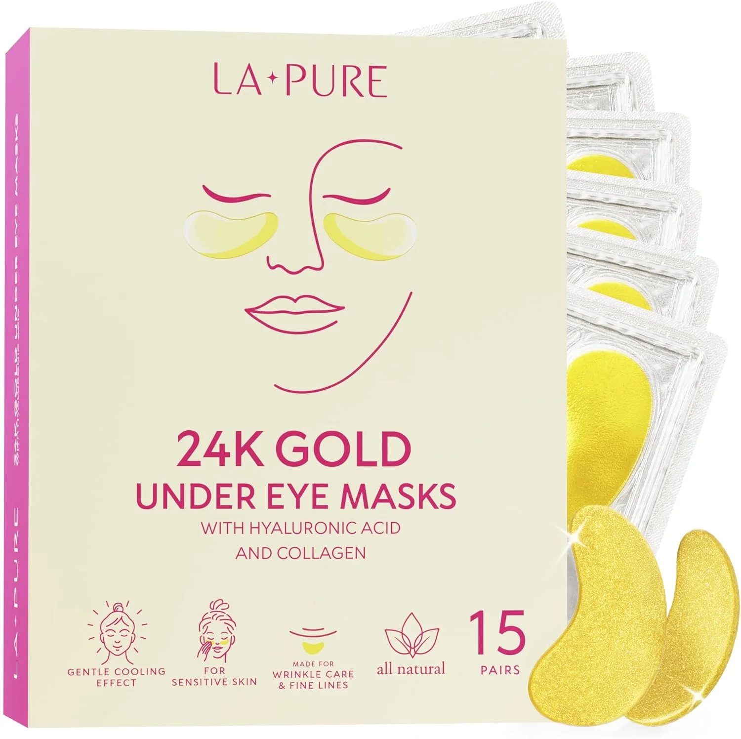 ماسک درمان دور چشم طلای 24 عیار LA PURE | ماسک چشم برای سیاهی دور چشم، درمان ضد چروک، پدهای ژلی زیر چشم، ماسک چشم برای پف چشم، مراقبت از پوست، آبرسان، هدیه برای خانم ها | 15 جفت (بسته 1 عددی)