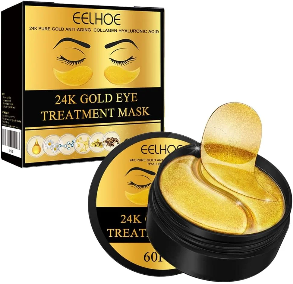 پچ زیر چشم طلای 24 عیار - بسته 60 عددی برای پف زیر چشم، حلقه‌های تیره، سیاهی و چروک با کلاژن و اسید هیالورونیک، کاهش دهنده فشار و چروک، احیا کننده و شاداب کننده پوست شما