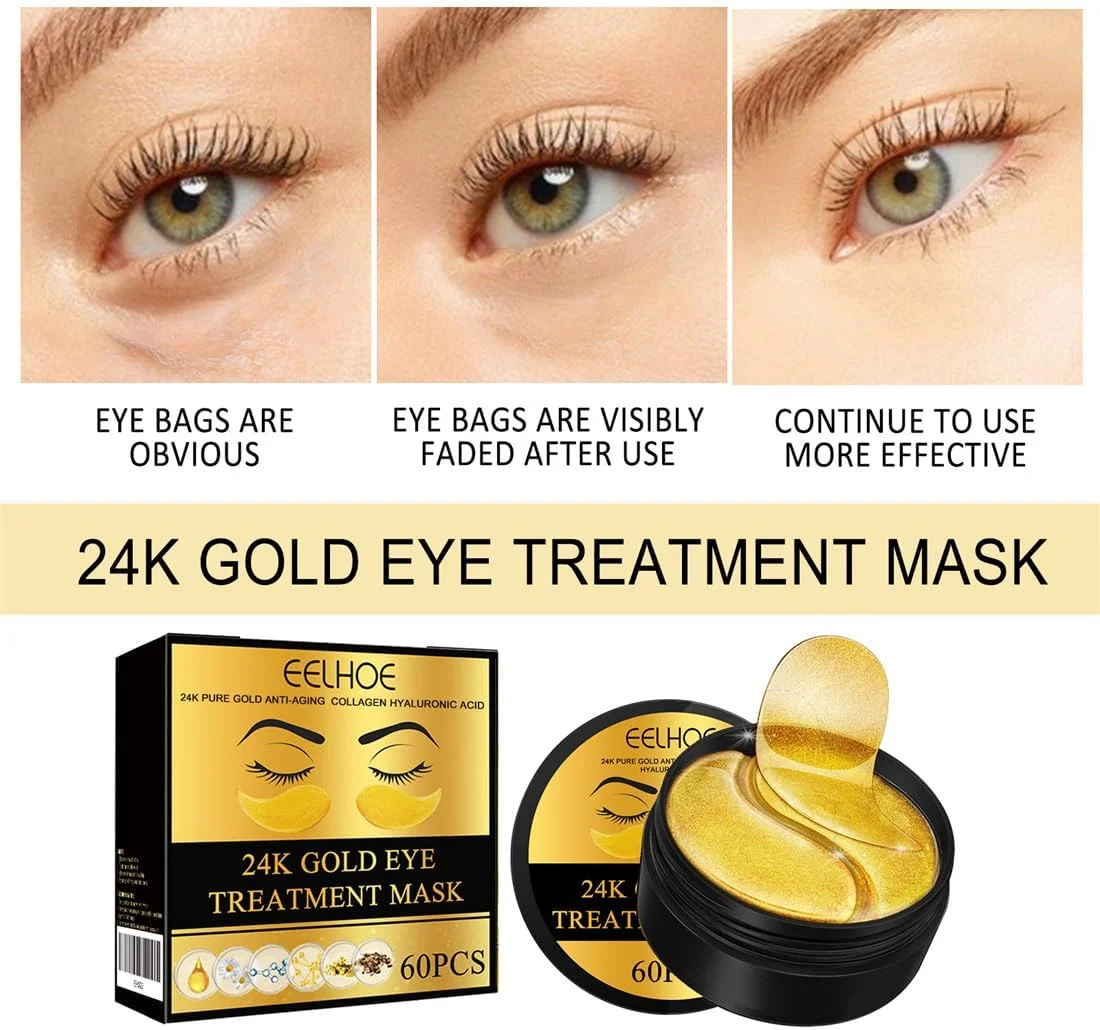 پچ زیر چشم طلای 24 عیار - بسته 60 عددی برای پف زیر چشم، حلقه‌های تیره، سیاهی و چروک با کلاژن و اسید هیالورونیک، کاهش دهنده فشار و چروک، احیا کننده و شاداب کننده پوست شما