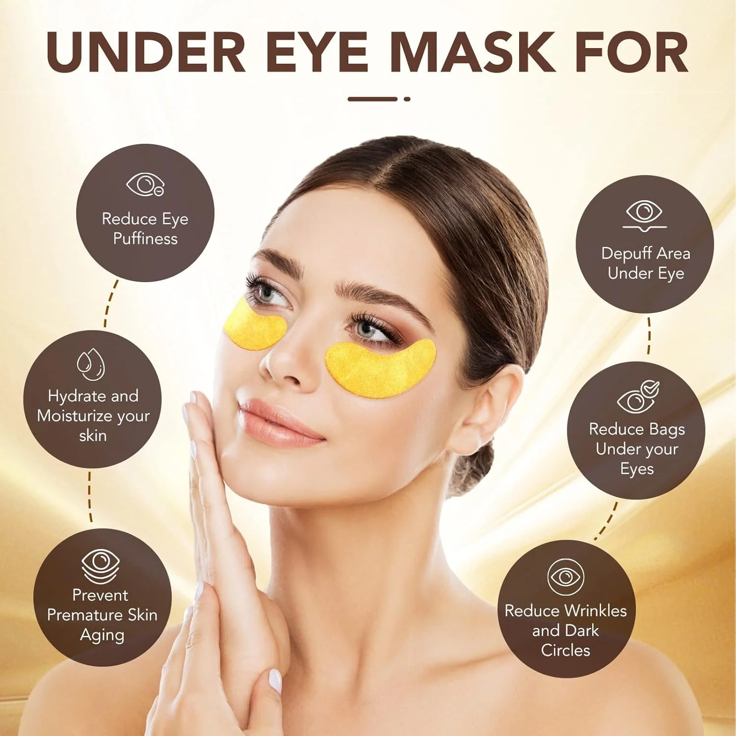 ماسک زیر چشم طلای 24 عیار، 24 جفت پد زیر چشم طلایی ضد پیری برای پف زیر چشم، درمان زیر چشم برای مراقبت از چشم زنان، پدهای کلاژن چشم کاهش دهنده چین و چروک، حلقه های تیره و پف کردگی