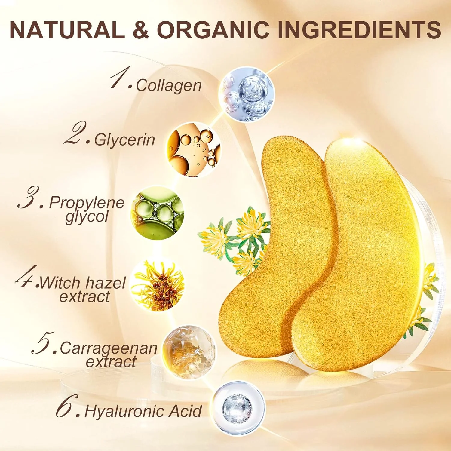 ماسک زیر چشم طلای 24 عیار، 24 جفت پد زیر چشم طلایی ضد پیری برای پف زیر چشم، درمان زیر چشم برای مراقبت از چشم زنان، پدهای کلاژن چشم کاهش دهنده چین و چروک، حلقه های تیره و پف کردگی