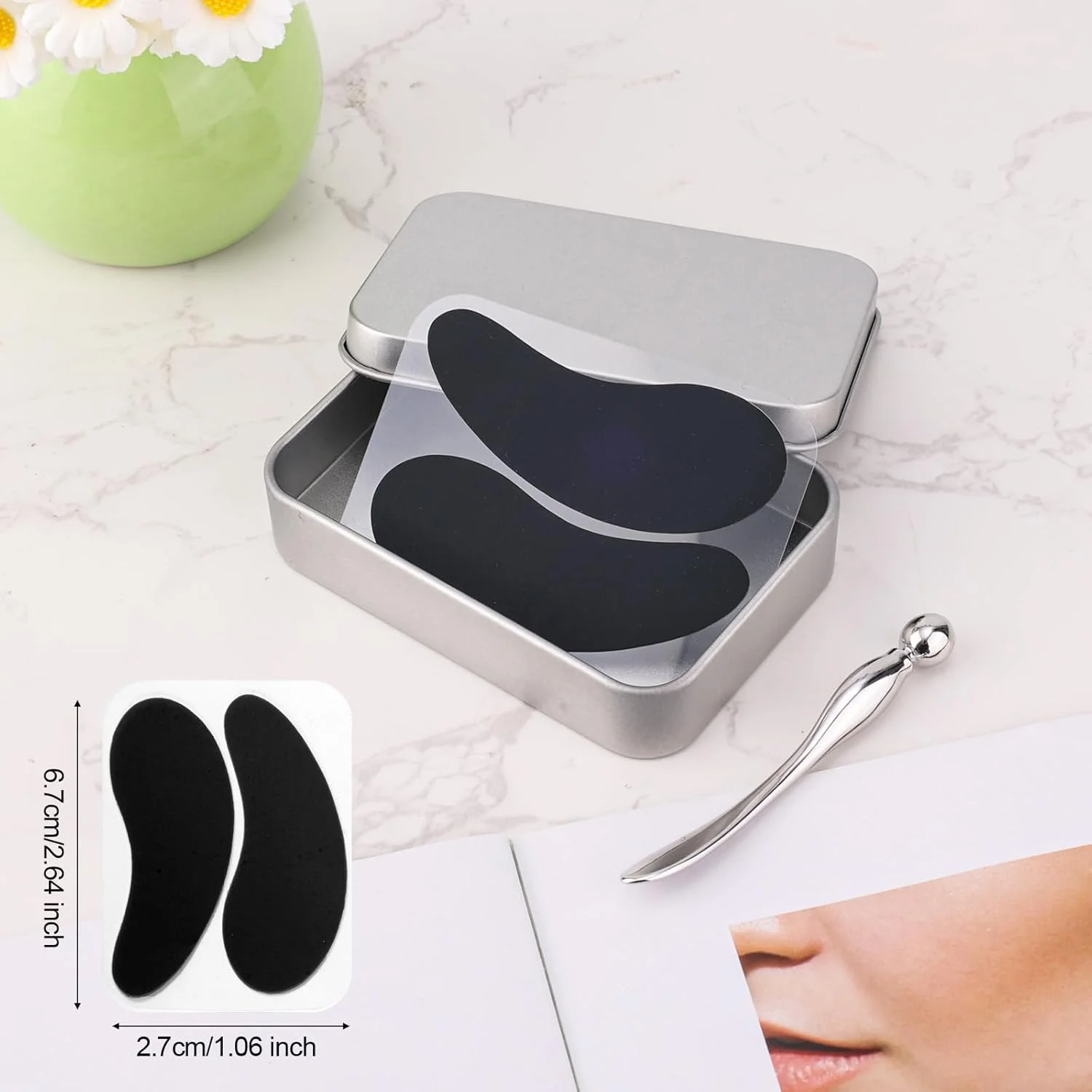 پد چشم قابل استفاده مجدد، پدهای ژلی سیلیکونی چشم، ماسک زیر چشم، پرکننده خطوط ریز و چین و چروک با اپلیکاتور کرم دور چشم فلزی و جعبه حلبی برای سیاهی و پف زیر چشم (مشکی)