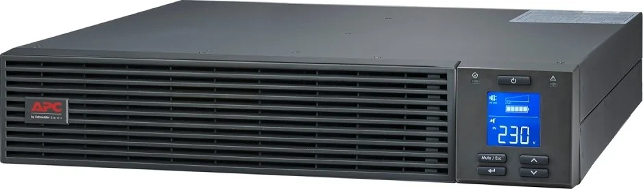 منبع تغذیه بدون وقفه آنلاین ایزی APC SRV با توان 3000 ولت آمپر، ولتاژ خروجی 230 ولت، نوع رکمونت به همراه کیت ریل، توان نامی 2400 وات، طول کابل 1.50 متر، استاندارد دوشاخه IEC 60320 C20، واحد رک 2U، مشکی | SRV3KRIRK