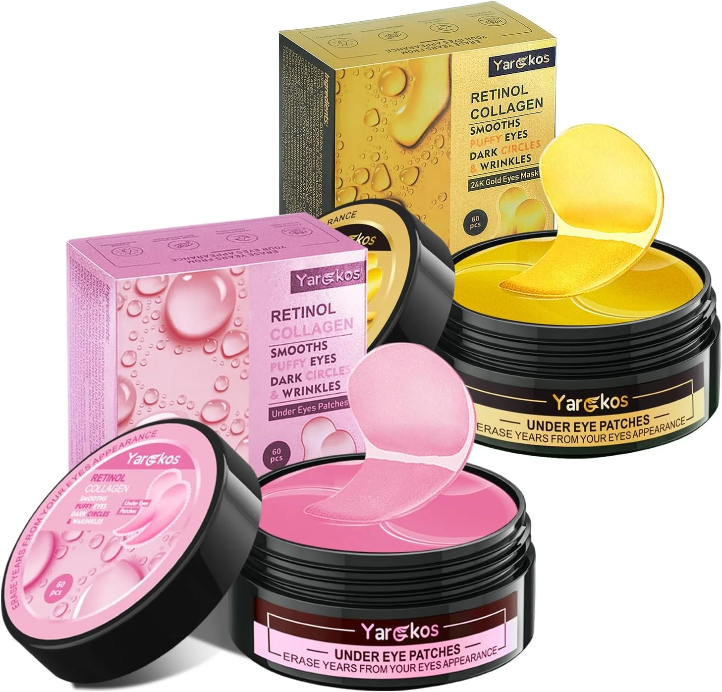 ماسک دور چشم هیدروژل کلاژن ضد پیری، 60 عدد پد مرطوب کننده دور چشم، ضد تیرگی، چین و چروک و پف زیر چشم، 30 جفت پد دور چشم اسید هیالورونیک، طلای 24 عیار + صورتی