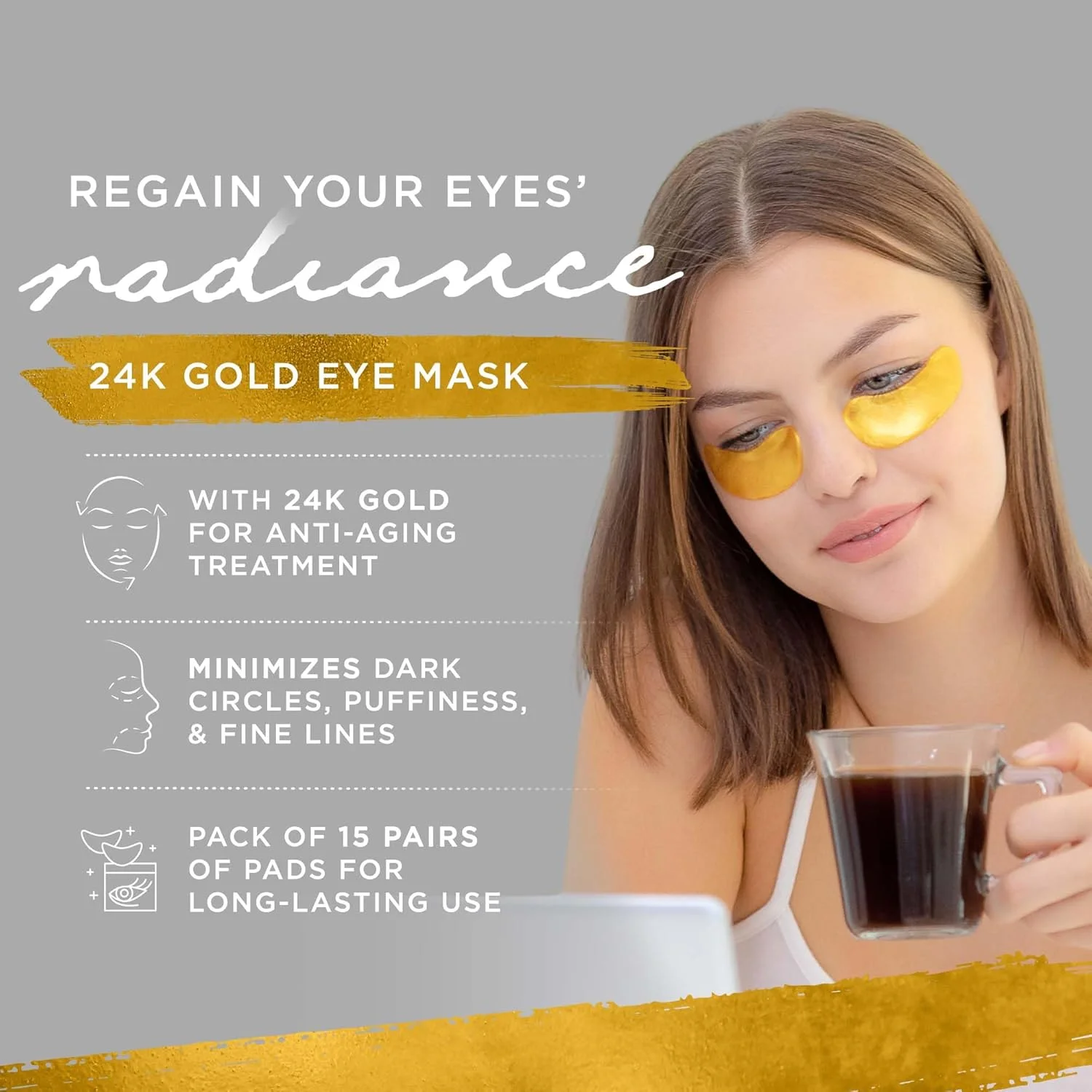 پدهای ژلی زیر چشم، پچ های کلاژن برای پف زیر چشم، حلقه های تیره و چین و چروک، ماسک چشم طلای 24K با اسید هیالورونیک، وگان، بدون تست حیوانی، پد آبرسان چشم، 15 جفت