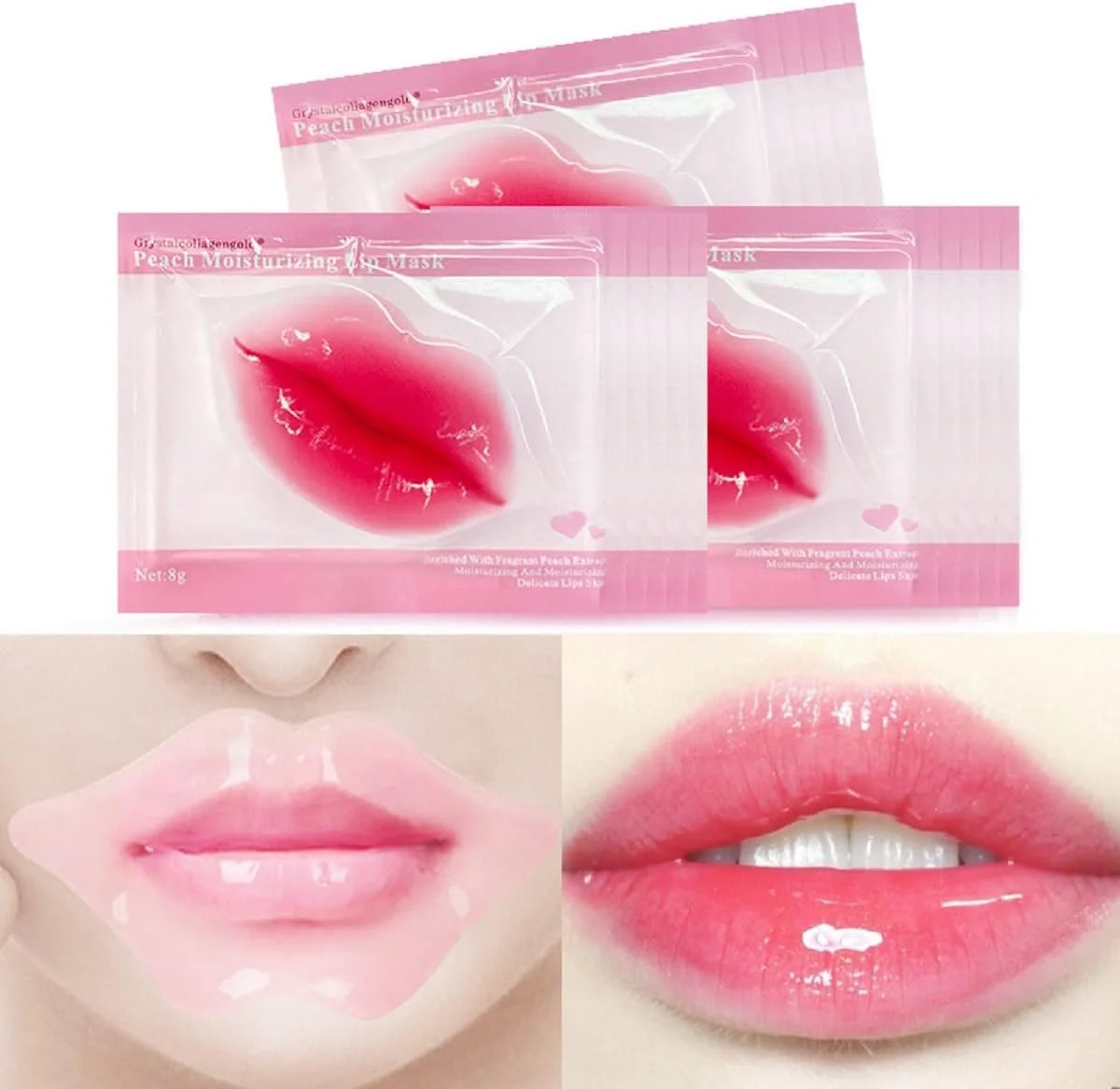 ماسک های لب ورقه ای مرطوب کننده کریستال کلاژن صورتی ماسک زیر چشم ژلی ضد پیری پدهای چشم حذف کننده حلقه تیره 30 عددی با جعبه، صورتی