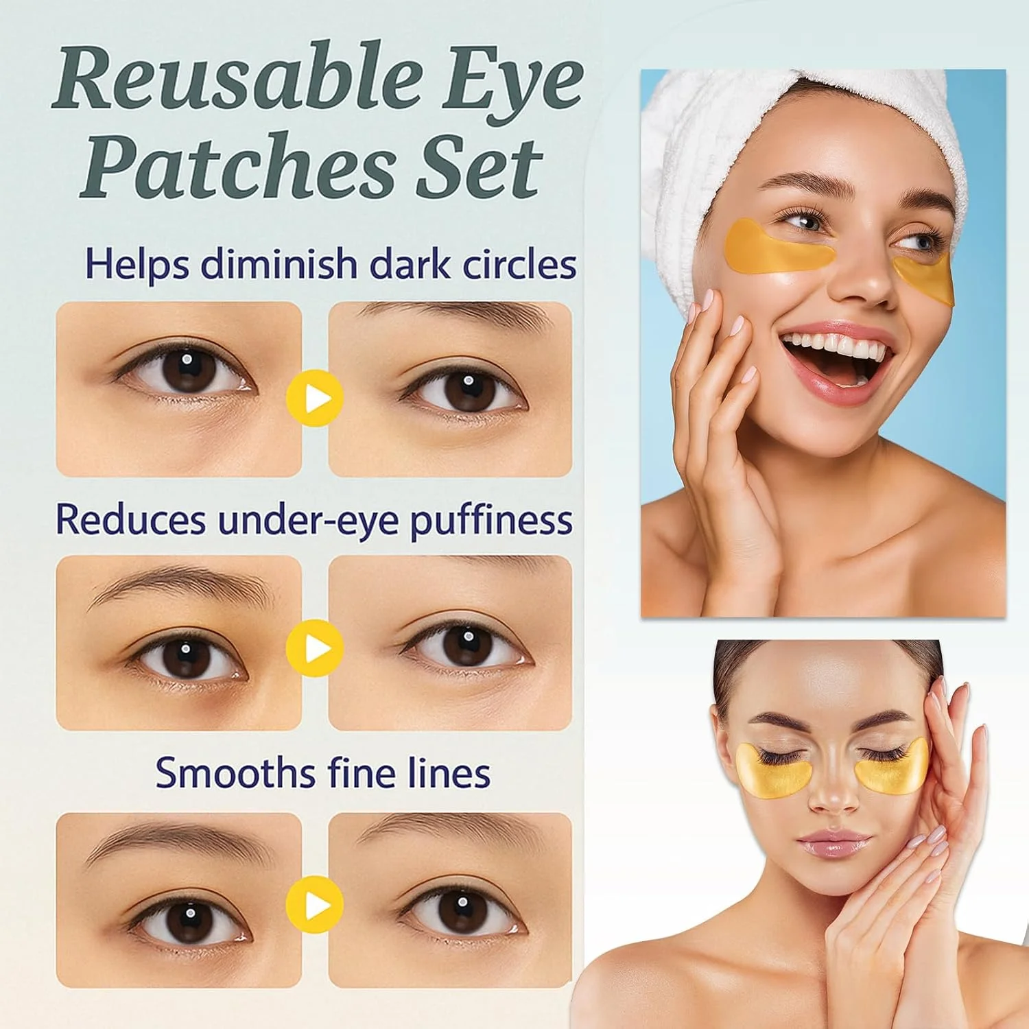 دو جفت ماسک زیر چشم سیلیکونی طلایی ممتاز - پدهای ژلی زیر چشم قابل استفاده مجدد، آبرسان و سفت کننده، کاهش پف و خطوط ریز، روشن کننده چشم های خسته، نرم و ضد حساسیت، ایمن برای پوست های حساس