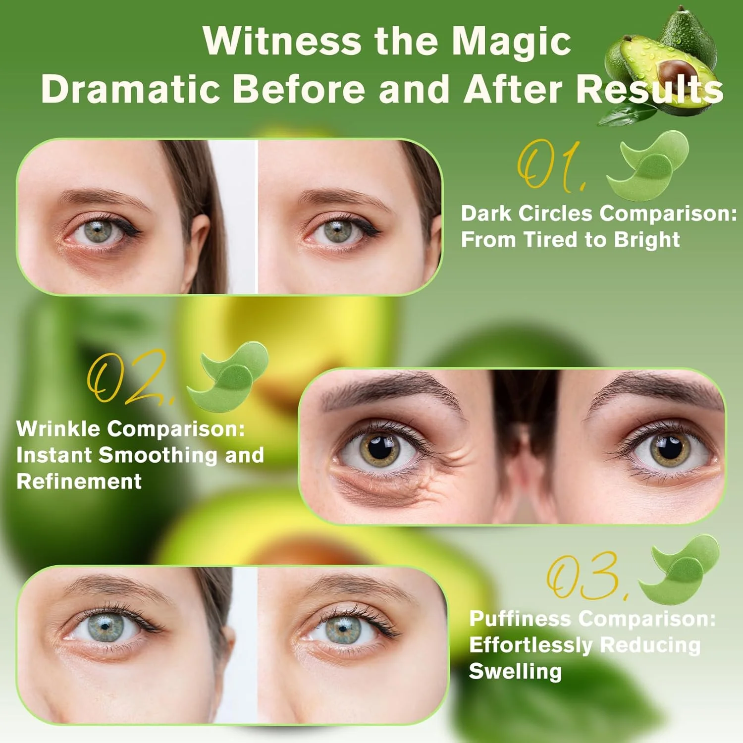 پچ های زیر چشم آووکادو کلاژن، ماسک ژلی آبرسان آنتی اکسیدان، مراقبت از زیر چشم برای آقایان و بانوان، مجموعه درمانی 60 عددی چشم، پچ های زیر چشم برای پف، مناسب برای انواع پوست