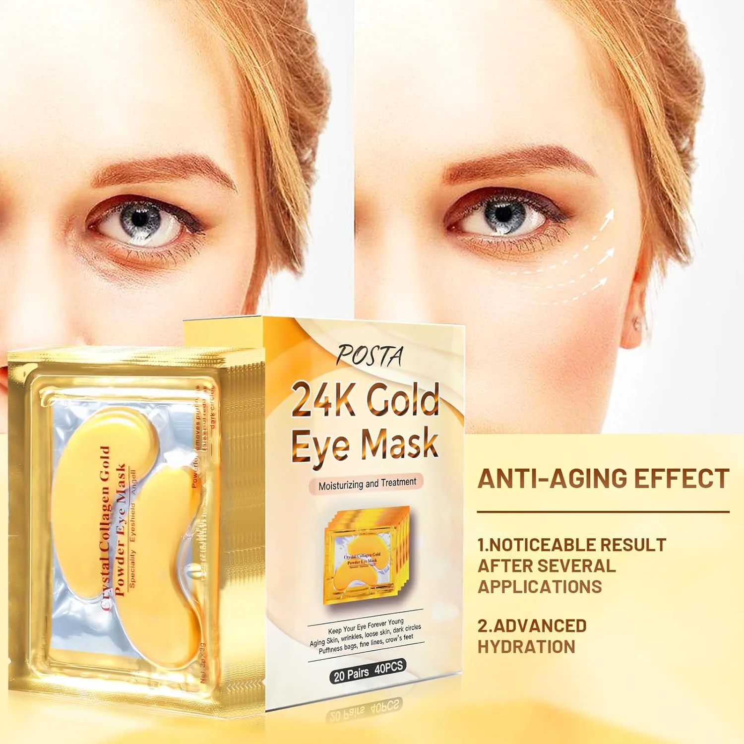 ماسک طلایی دور چشم POSTA، ماسک درمانی چشم 20 جفتی حاوی کلاژن، ماسک درمانی زیر چشم برای پف، رفع تیرگی دور چشم، قابل استفاده برای رفع پف زیر چشم، پچ ضد پیری، هدیه لوکس برای زنان و مردان
