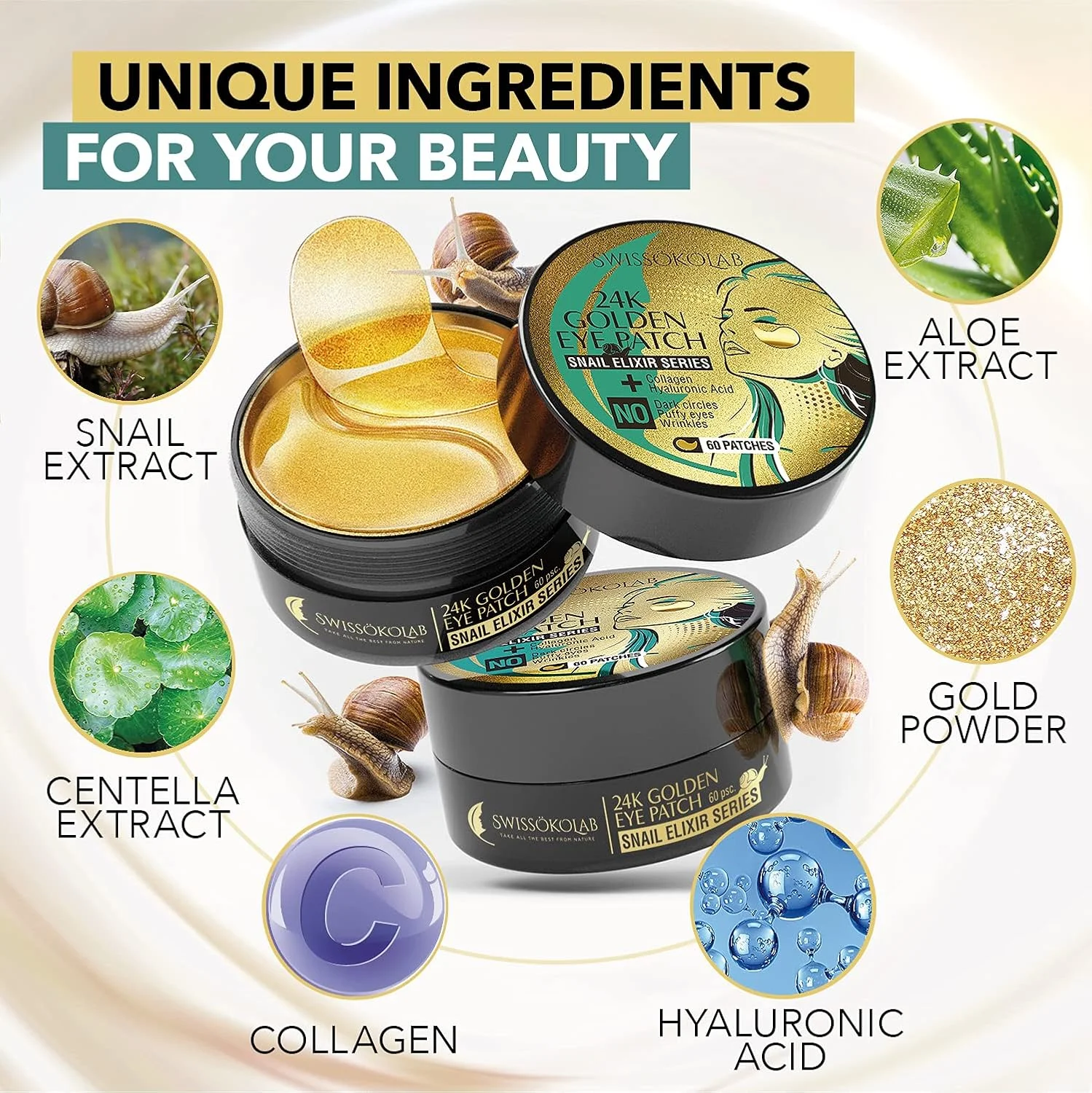 پد زیر چشم SWISSÖKOLAB برای پف زیر چشم، ماسک چشم طلای 24 عیار برای سیاهی و پف کردگی، پدهای ژلی کلاژن آبرسان و کاهش دهنده چین و چروک، ضد پیری اسید هیالورونیک (حلزون طلایی)