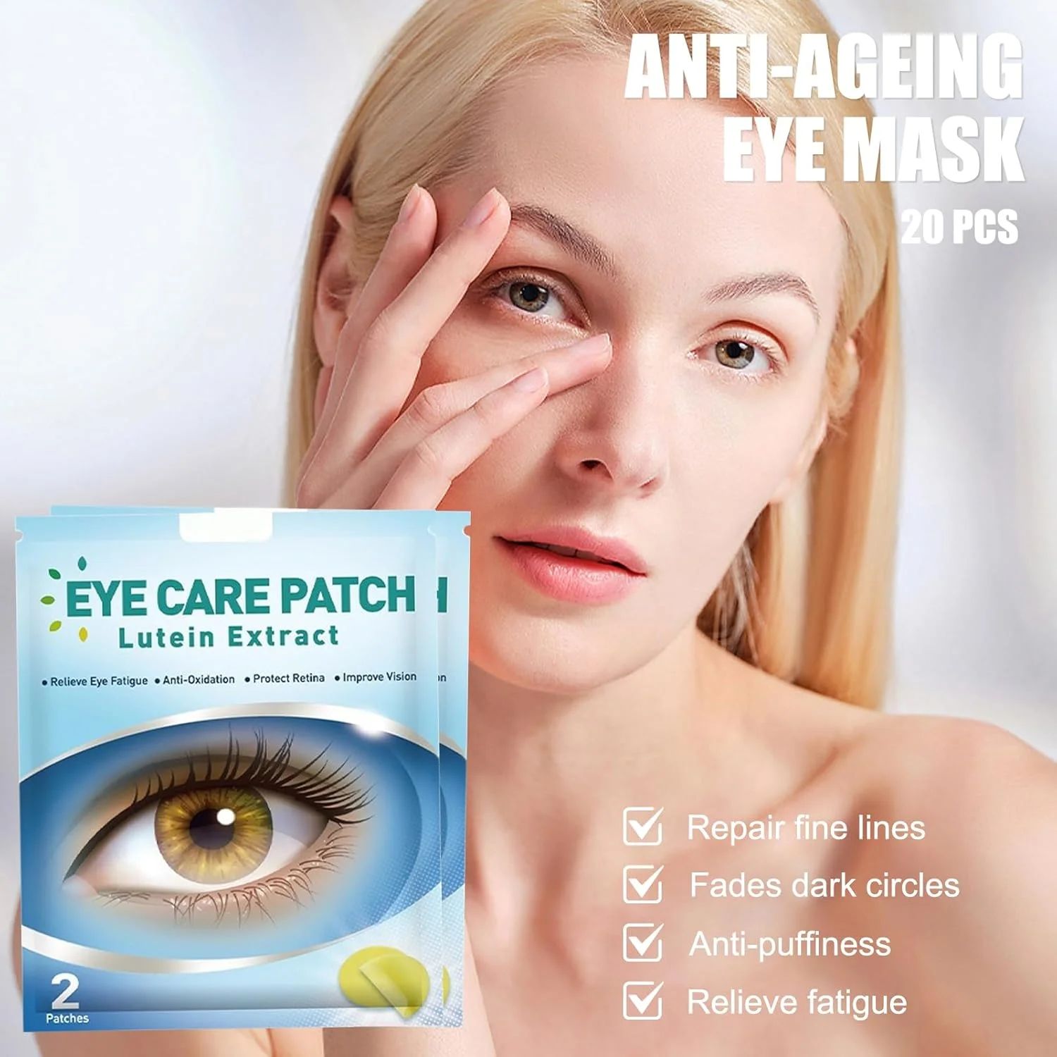 پدهای چشمی برای خشکی چشم، ماسک زیر چشم طلایی با عصاره لوتئین، ماسک خواب آبرسان پوست برای پف چشم، سیاهی دور چشم و کیسه های زیر چشم، پدهای تسکین دهنده خستگی و استرس (20 عدد)
