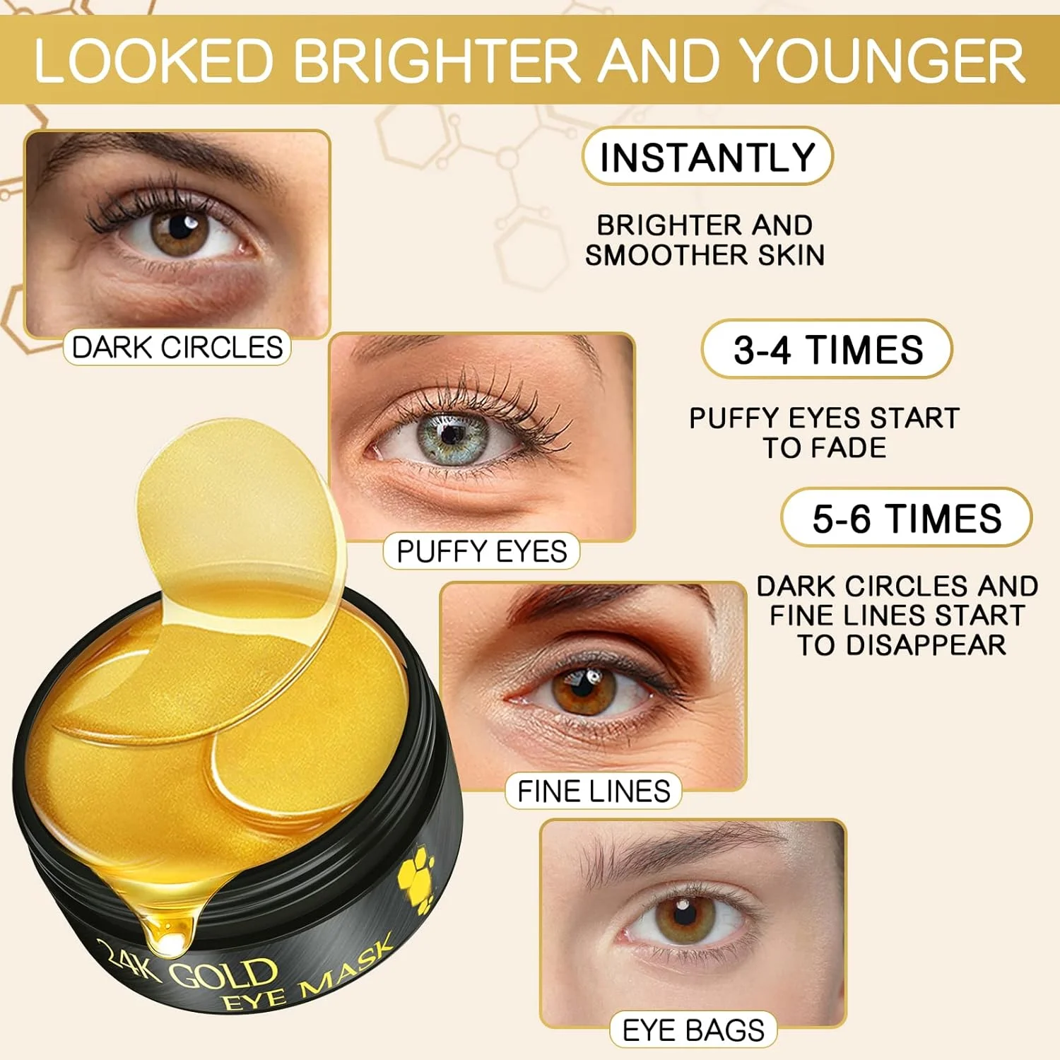 ماسک چشم طلای 24K Tiepetly، ماسک زیر چشم 60 عددی، پچ های چشم برای پف چشم کلاژن، پچ های زیر چشم برای سیاهی و پف، ماسک آبرسان مراقبت از پوست چشم برای کیسه های چشم و چین و چروک، کاهش دهنده حلقه تیره