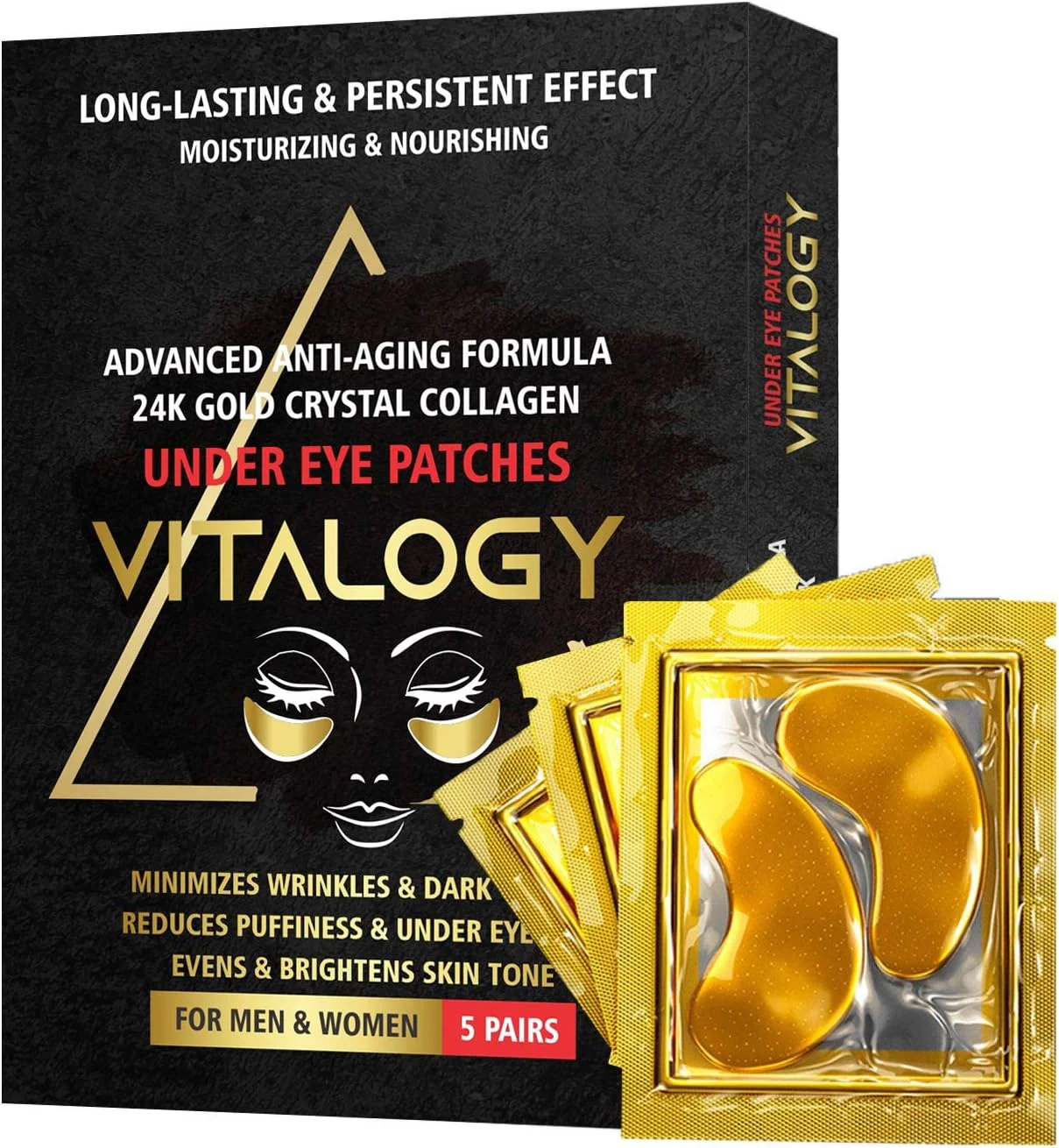 پد زیر چشم ویتالوژی برای سیاهی و چروک | ماسک ضد پیری طلای 24 عیار، پد برای پف و کیسه های زیر چشم | ماسک چشم کلاژن با عصاره های طبیعی و اسید هیالورونیک (بسته 10 جفتی)
