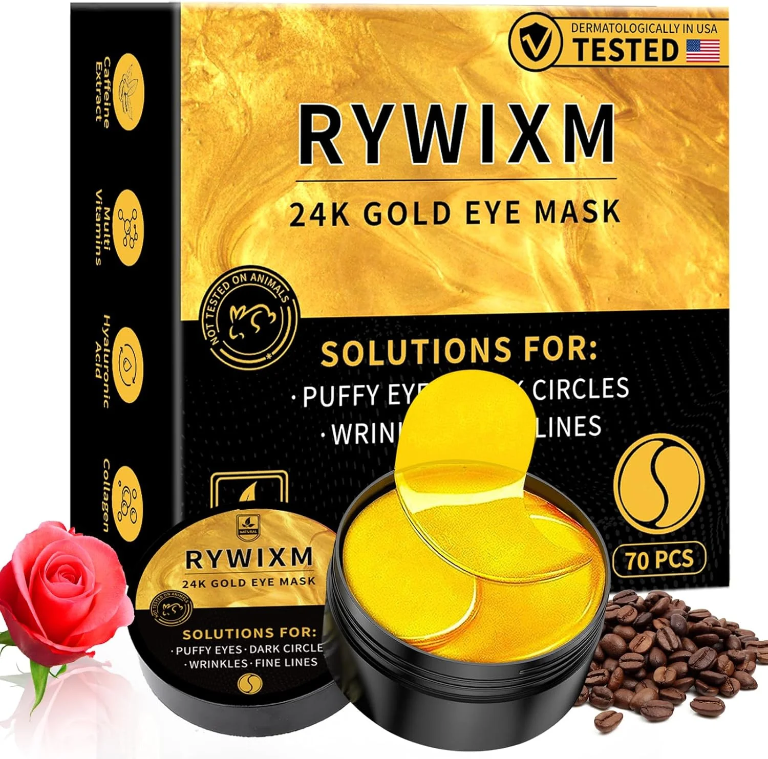 ماسک چشم طلای 24 عیار برای سیاهی و پف زیر چشم، 70 عدد، پچ زیر چشم برای درمان پف زیر چشم، ماسک زیر چشم حاوی کافئین، اسید هیالورونیک و پپتیدها برای درمان کیسه های زیر چشم، مراقبت از پوست با ماسک چشم