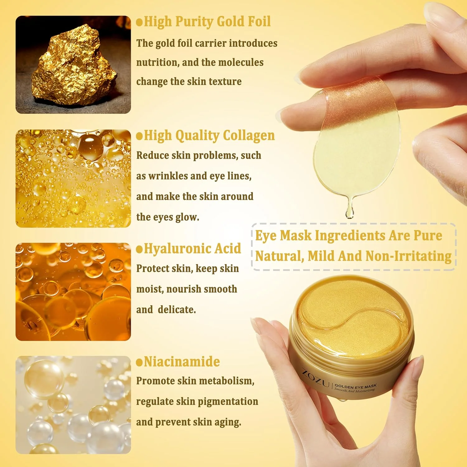 پد زیر چشم، ماسک زیر چشم کلاژن، درمان سیاهی دور چشم، رفع پف و کیسه های زیر چشم، ضد پیری، کاهش چین و چروک، مراقبت از پوست، آبرسان - 30 جفت (طلای 24 عیار)