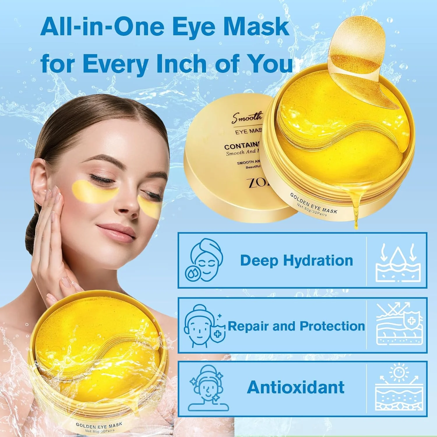 ماسک چشم طلایی ممتاز برای کاهش چین و چروک و سفت کردن پوست، پدهای درمانی روشن کننده زیر چشم برای کاهش سیاهی دور چشم، فرمول ترمیم کننده عمیق آبرسان، فاقد الکل و فتالات ماسک چشم طلایی ممتاز برای کاهش چین و چروک و سفت کردن پوست، پدهای درمانی روشن کننده زیر چشم برای کاهش سیاهی دور چشم، فرمول ترمیم کننده عمیق آبرسان، فاقد الکل و فتالات