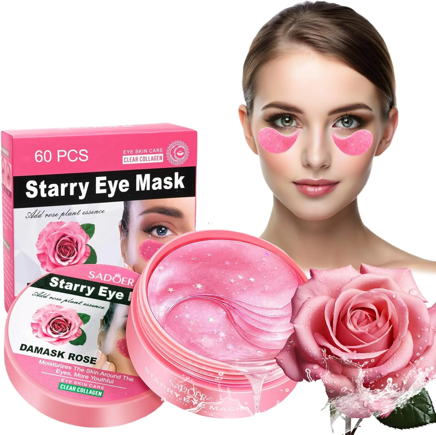 پک 60 عددی پچ زیر چشم رزگلد، ماسک ژلی زیر چشم ضد چروک با کلاژن، درمان آبرسان و تسکین دهنده برای سیاهی و پف زیر چشم، ضد حساسیت، بدون الکل، تست شده توسط متخصص پوست