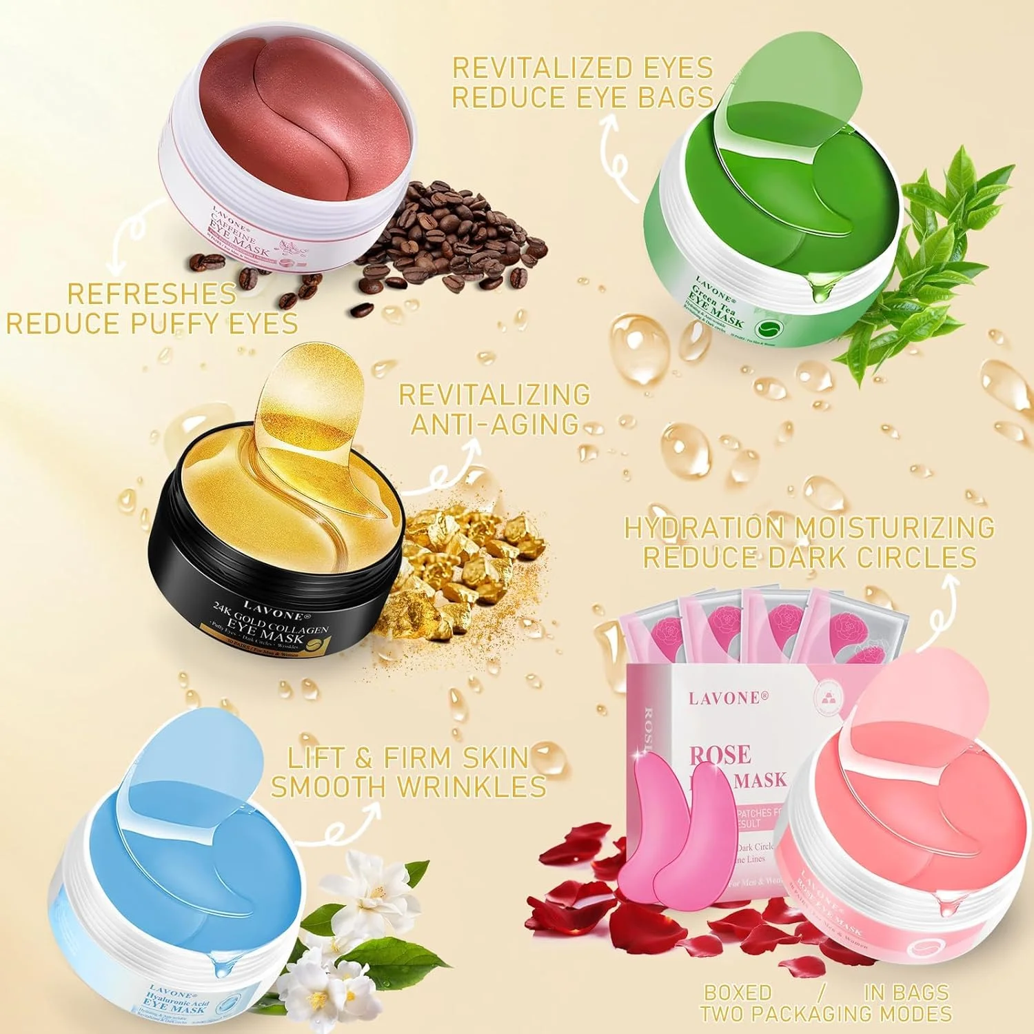 ماسک چشم لاوون - 30 جفت پچ زیر چشم طلای 24 عیار، محصولات مراقبت از پوست - ماسک های چشم مراقبت از پوست برای سیاهی و پف زیر چشم، کاهش چین و چروک، پف و خطوط ریز، برای زنان و مردان، همراه با گیره مو