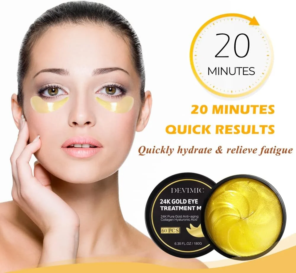 ماسک چشم طلای 24 عیار، 30 جفت ماسک زیر چشم برای درمان سیاهی و پف، پدهای زیر چشم برای پف زیر چشم و کیسه های چشم، پدهای چشم ژلی برای مراقبت از پوست صورت