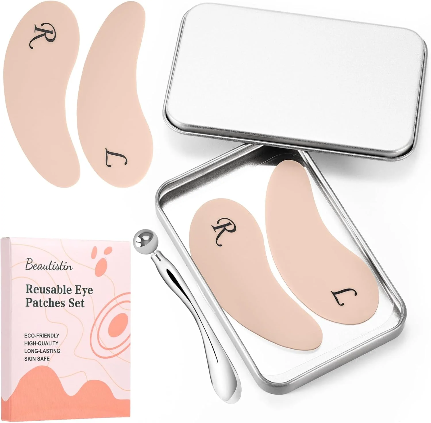 پدهای سیلیکونی زیر چشم - 2 جفت پد چشم قابل استفاده مجدد، پدهای ضد چروک چشم، ماسک زیر چشم قابل استفاده مجدد، پرکننده خطوط ریز، همراه با اپلیکاتور فلزی کرم دور چشم، جعبه حلبی، رنگ کرم