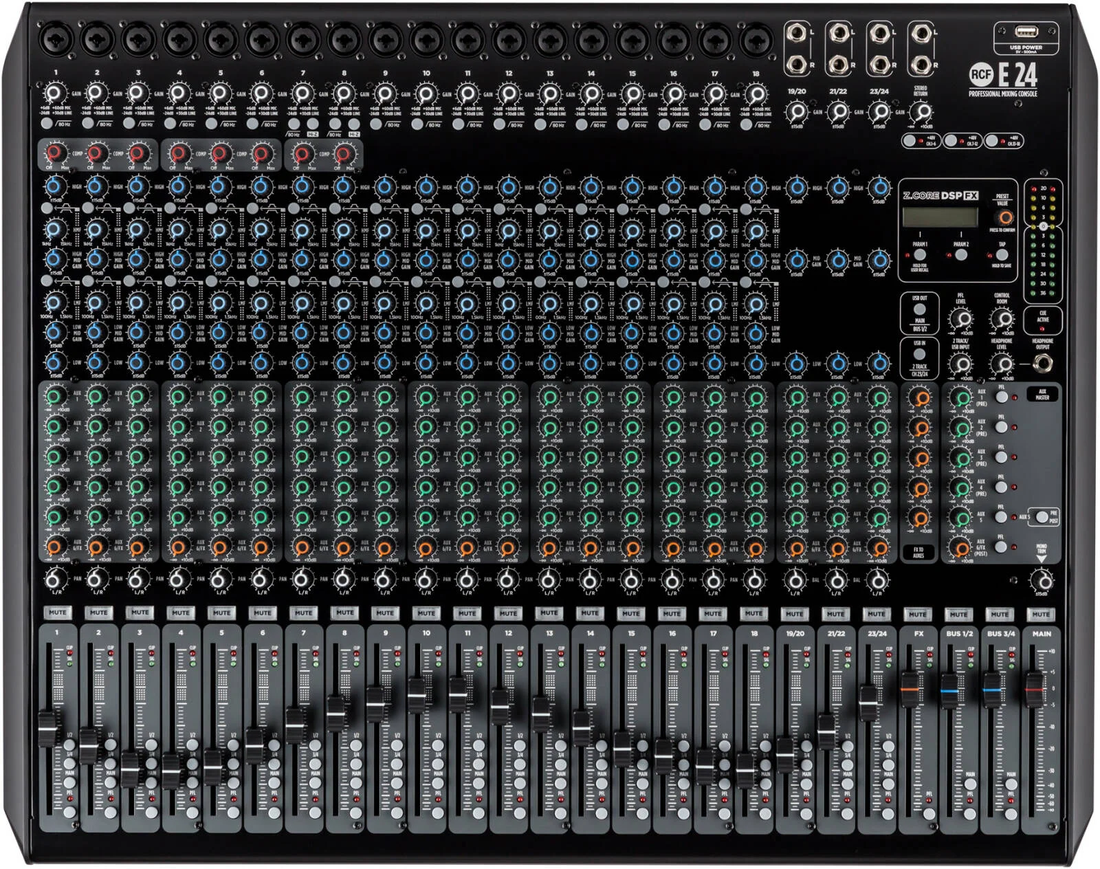 میکسر آنالوگ حرفه ای 24 کانال RCF E 24 با 18 پری امپ میکروفون، اکولایزر نیمه پارامتریک 4 باندی، پردازنده افکت Z.CORE DSP، 8 کمپرسور، رابط صوتی USB، مشکی | E 24 میکسر آنالوگ حرفه ای 24 کانال RCF E 24 با 18 پری امپ میکروفون، اکولایزر نیمه پارامتریک 4 باندی، پردازنده افکت Z.CORE DSP، 8 کمپرسور، رابط صوتی USB، مشکی | E 24