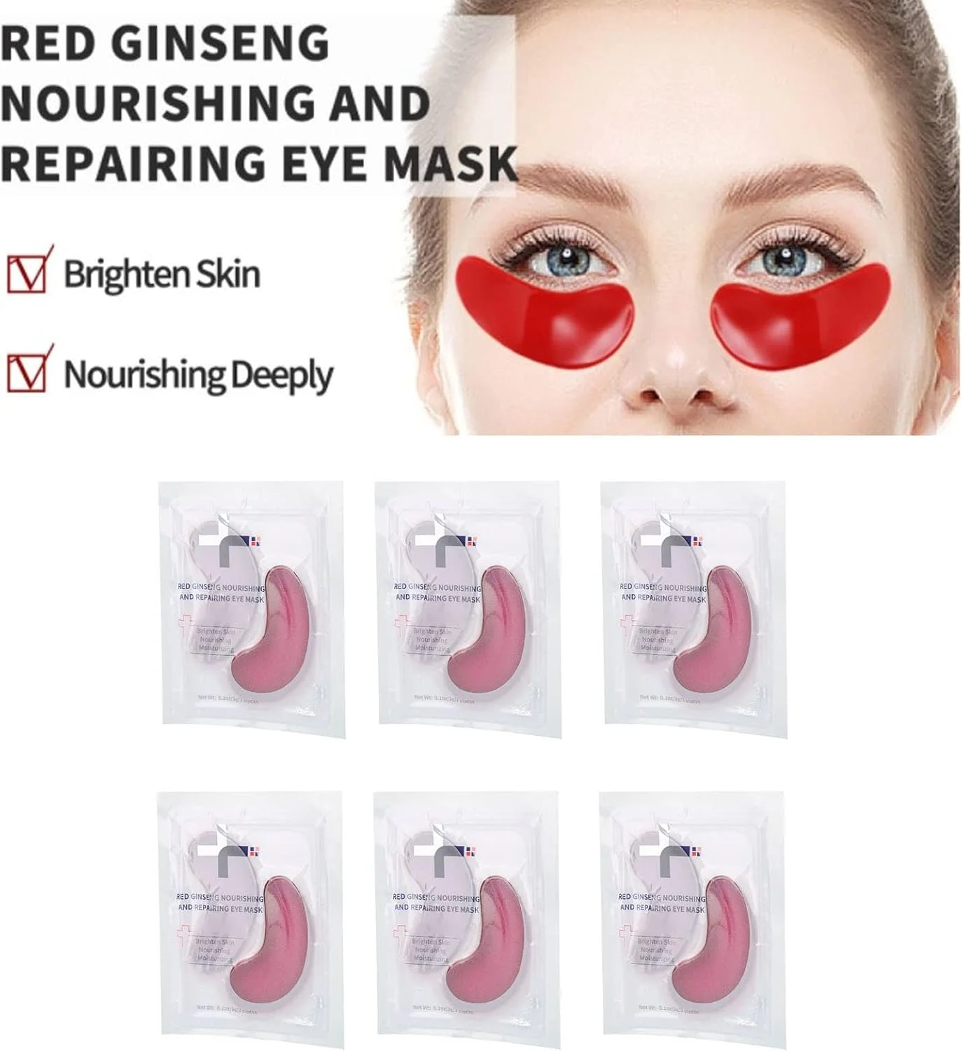 ماسک چشم ترمیم کننده جینسینگ قرمز 20 عددی، پچ های زیر چشم مغذی و مرطوب کننده، ماسک چشم برای سیاهی و پف