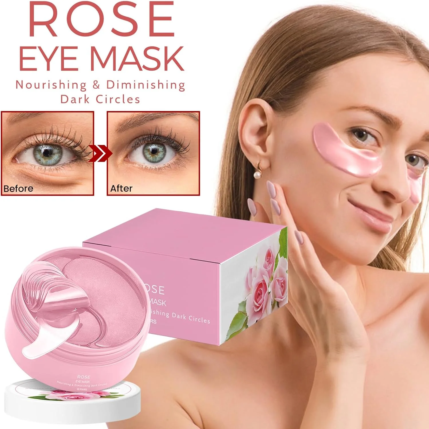 ماسک چشم گل رز صورتی 60 عددی، ماسک های زیر چشم، سفت کننده پوست و مرطوب کننده عمیق، محو کننده چین و چروک و سیاهی دور چشم، مناسب برای انواع پوست