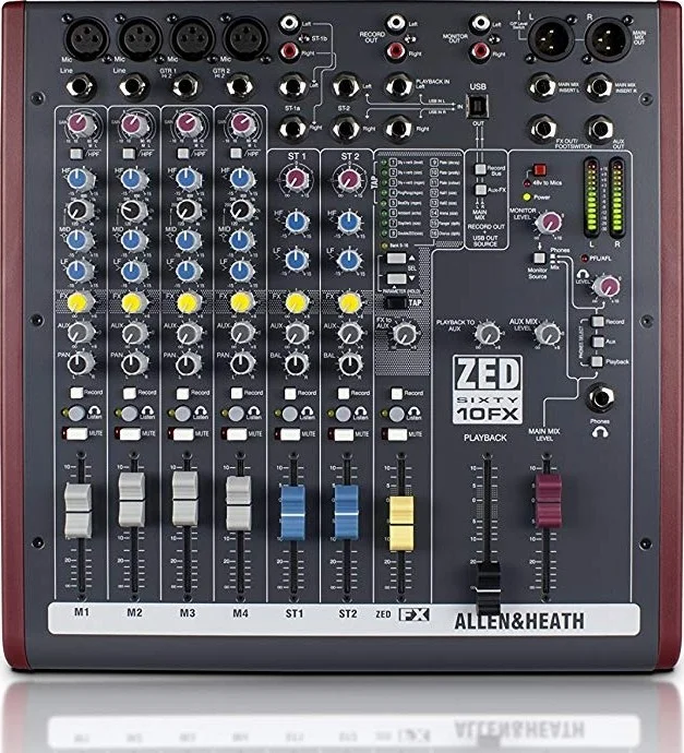 Allen & Heath ZED60-10FX Analog Mixer - 10-Channel Compact Live Console with 60mm Faders, Built-in Effects, USB Audio & Hi-Z Guitar Inputs | ZED60-10FX Allen & Heath ZED60-10FX Analog Mixer - 10-Channel Compact Live Console with 60mm Faders, Built-in Effects, USB Audio & Hi-Z Guitar Inputs | ZED60-10FX