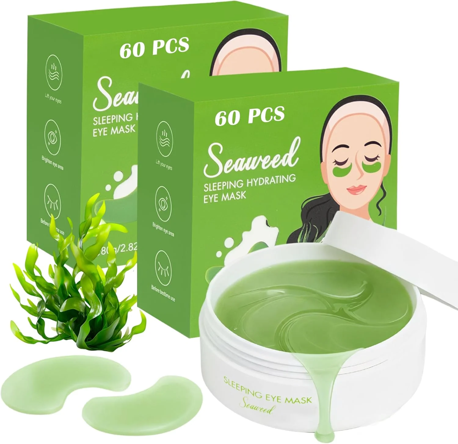 ماسک دور چشم جلبک دریایی 2 عددی - 60 جفت، 120 عدد | پچ های زیر چشم آبرسان و تسکین دهنده برای حلقه های تیره و پف کردگی، ماسک زیر چشم طراوت بخش برای پوست خسته