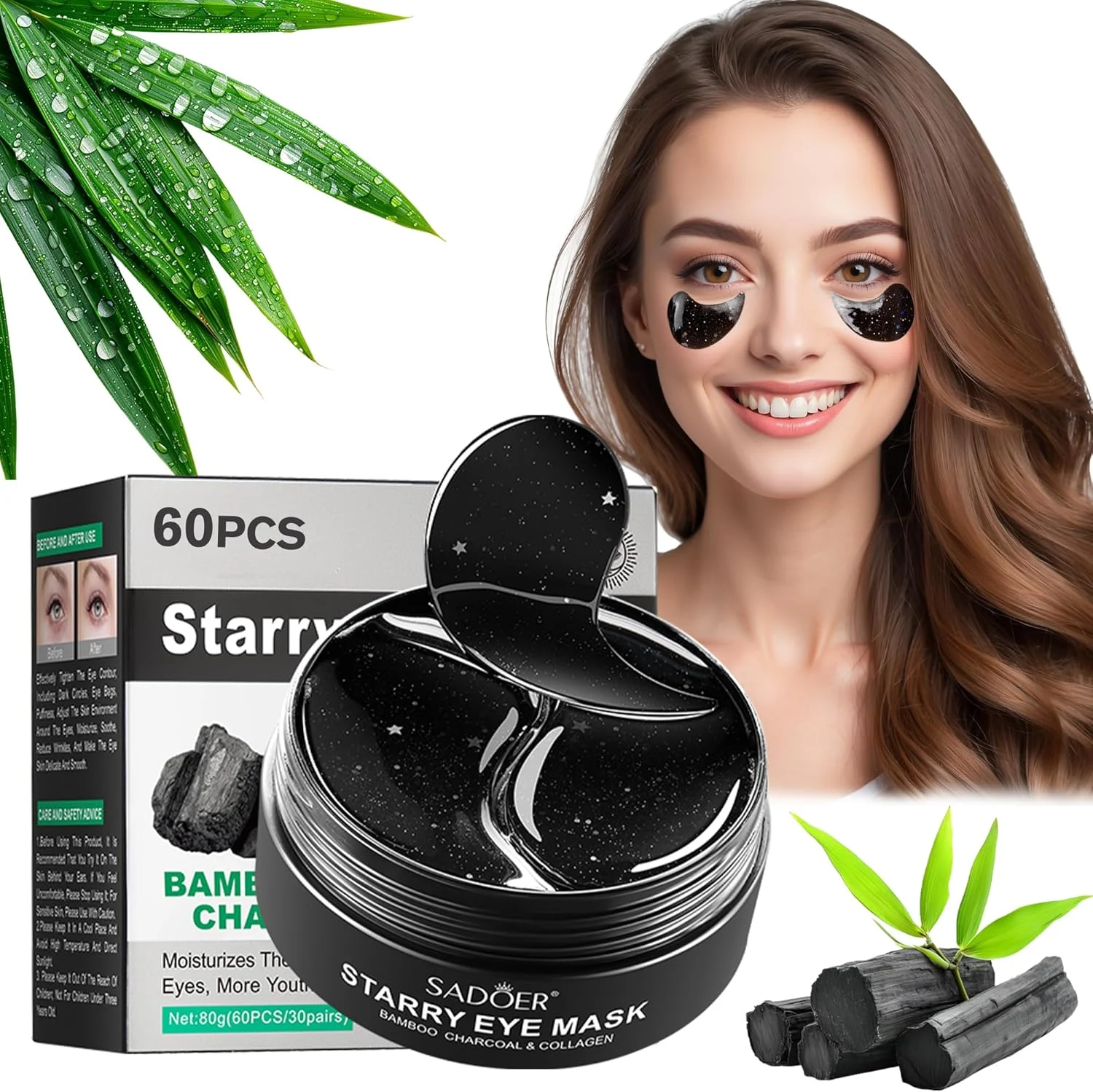 پدهای زیر چشم زغال بامبو 60 عددی، ماسک زیر چشم و پدهای ضد چروک - مراقبت ضد پیری، سیاهی دور چشم، پف و خطوط ریز، ژل آبرسان و پاک کننده چشم