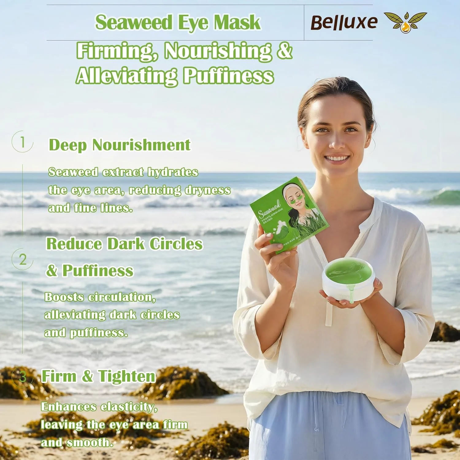 ماسک دور چشم جلبک دریایی 2 عددی - 60 جفت، 120 عدد | پچ های زیر چشم آبرسان و تسکین دهنده برای حلقه های تیره و پف کردگی، ماسک زیر چشم طراوت بخش برای پوست خسته