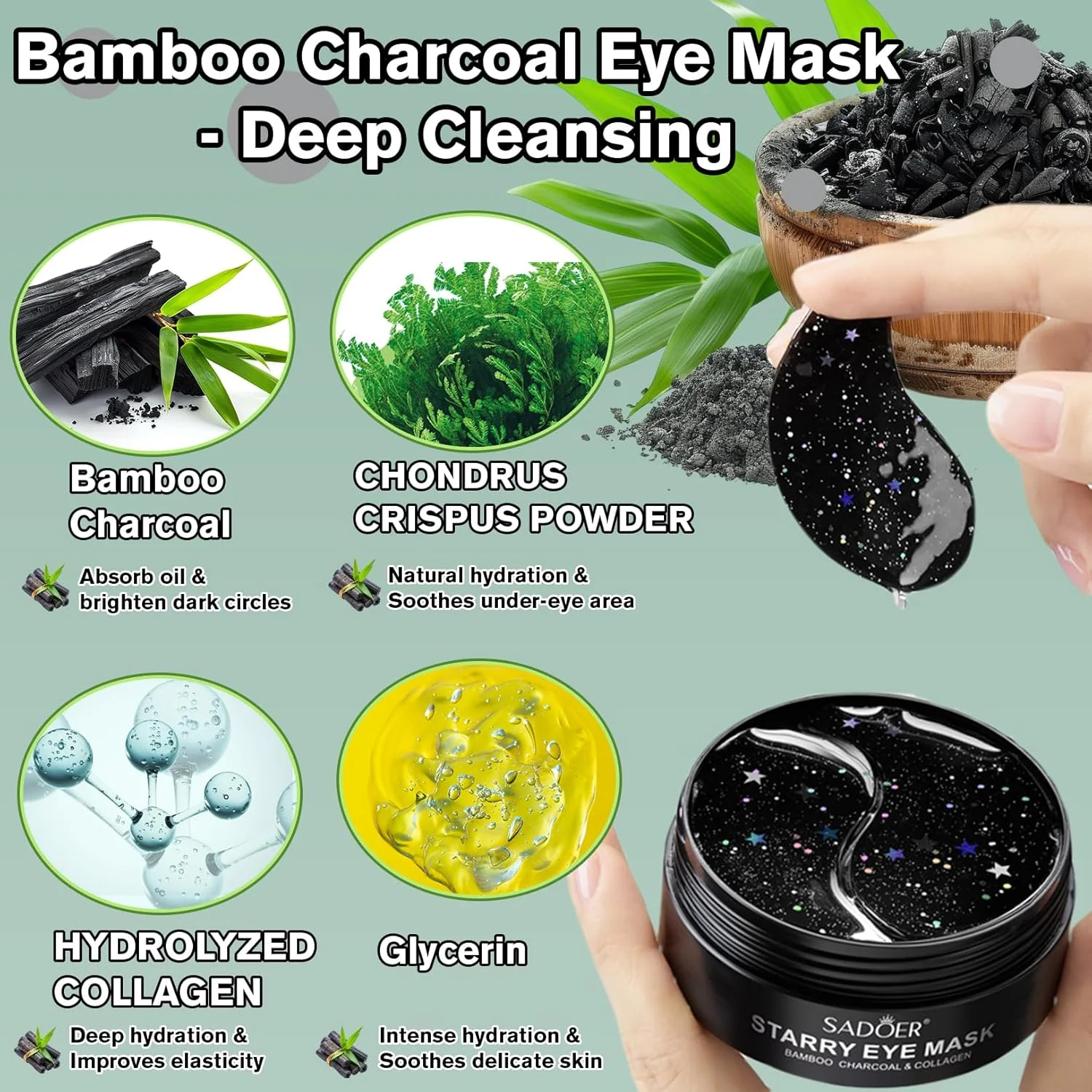 پدهای زیر چشم زغال بامبو 60 عددی، ماسک زیر چشم و پدهای ضد چروک - مراقبت ضد پیری، سیاهی دور چشم، پف و خطوط ریز، ژل آبرسان و پاک کننده چشم