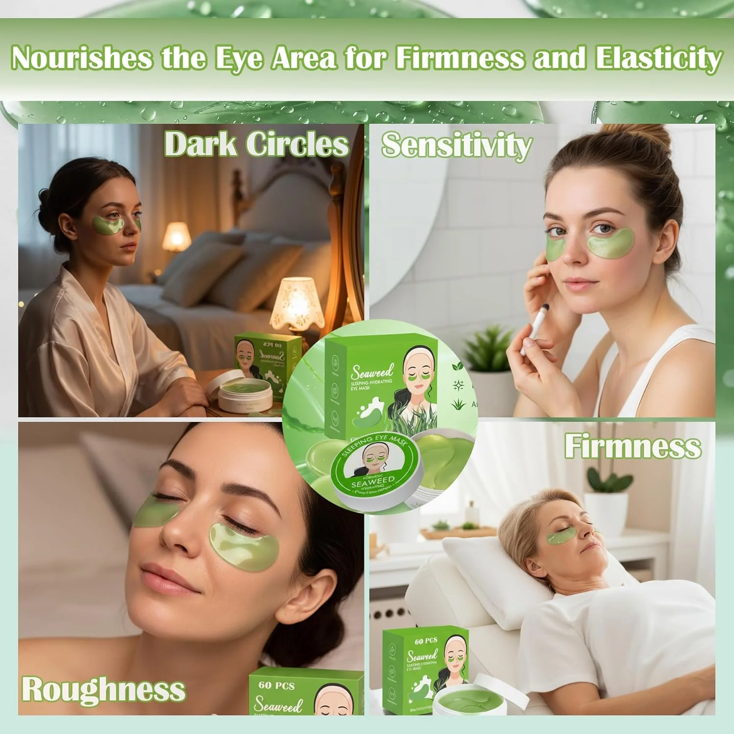 ماسک دور چشم جلبک دریایی 2 عددی - 60 جفت، 120 عدد | پچ های زیر چشم آبرسان و تسکین دهنده برای حلقه های تیره و پف کردگی، ماسک زیر چشم طراوت بخش برای پوست خسته