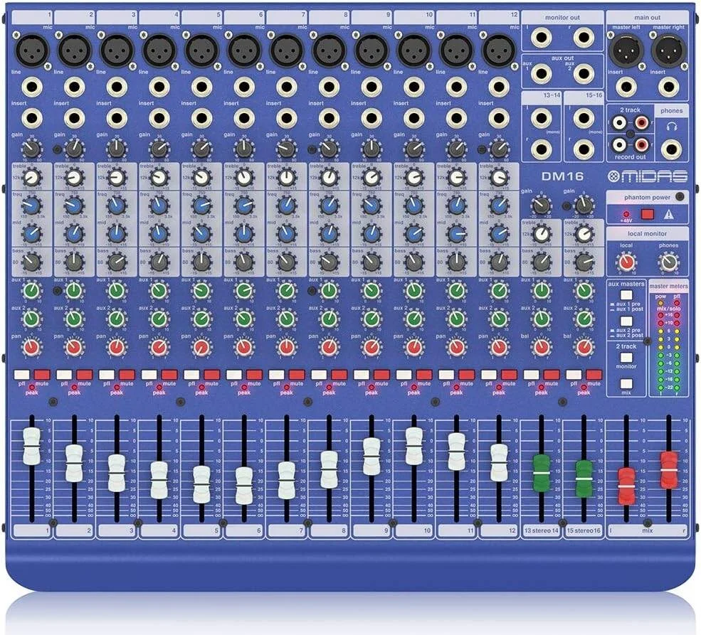 میکسر آنالوگ 16 کاناله Midas DM16 با پری امپ های میکروفون و EQ ممتاز برای استودیو و کنسول صدای زنده میکسر آنالوگ 16 کاناله Midas DM16 با پری امپ های میکروفون و EQ ممتاز برای استودیو و کنسول صدای زنده