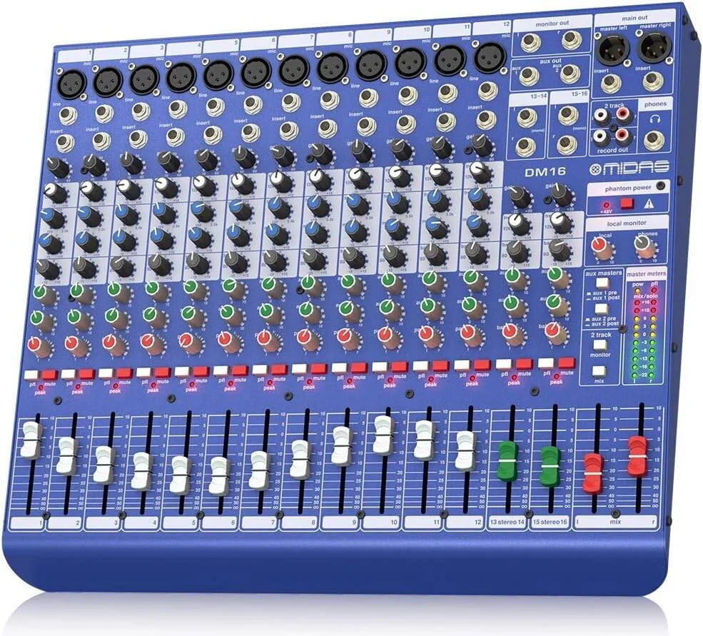 میکسر آنالوگ 16 کاناله Midas DM16 با پری امپ های میکروفون و EQ ممتاز برای استودیو و کنسول صدای زنده میکسر آنالوگ 16 کاناله Midas DM16 با پری امپ های میکروفون و EQ ممتاز برای استودیو و کنسول صدای زنده