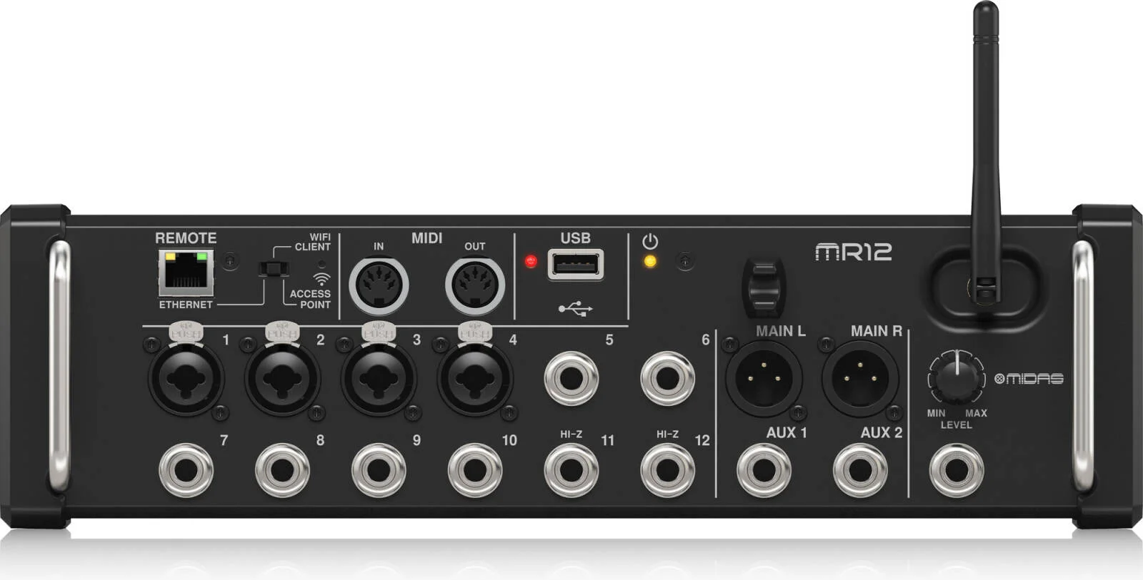 میکسر دیجیتال 12 کاناله Midas MR12 برای تبلتهای iPad/Android با 4 پری امپ Midas PRO، 8 ورودی لاین، ماژول WiFi یکپارچه و ضبط کننده استریو USB، روتر WiFi سه حالته داخلی، مشکی | MR12 میکسر دیجیتال 12 کاناله Midas MR12 برای تبلتهای iPad/Android با 4 پری امپ Midas PRO، 8 ورودی لاین، ماژول WiFi یکپارچه و ضبط کننده استریو USB، روتر WiFi سه حالته داخلی، مشکی | MR12