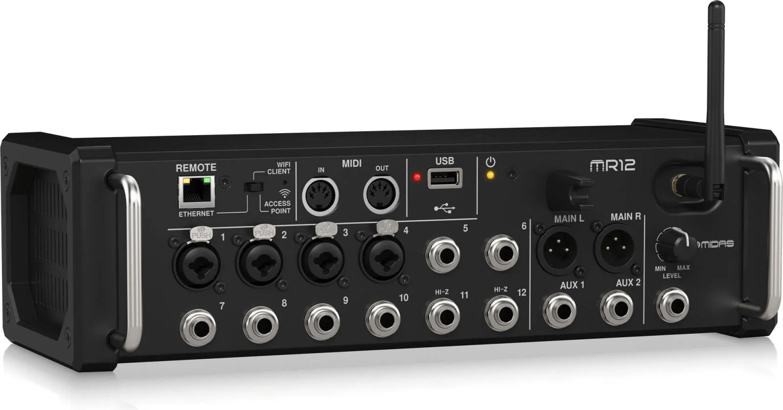 میکسر دیجیتال 12 کاناله Midas MR12 برای تبلتهای iPad/Android با 4 پری امپ Midas PRO، 8 ورودی لاین، ماژول WiFi یکپارچه و ضبط کننده استریو USB، روتر WiFi سه حالته داخلی، مشکی | MR12 میکسر دیجیتال 12 کاناله Midas MR12 برای تبلتهای iPad/Android با 4 پری امپ Midas PRO، 8 ورودی لاین، ماژول WiFi یکپارچه و ضبط کننده استریو USB، روتر WiFi سه حالته داخلی، مشکی | MR12