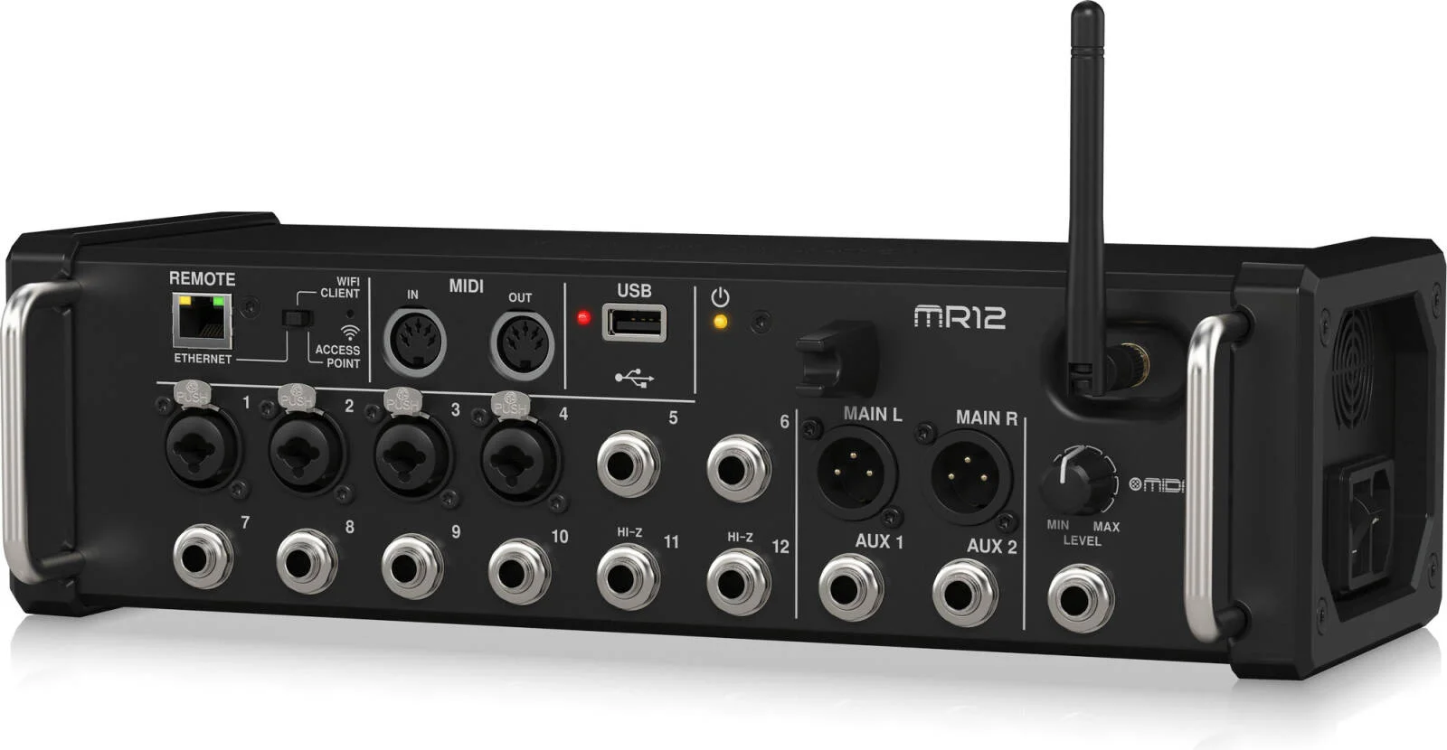 میکسر دیجیتال 12 کاناله Midas MR12 برای تبلتهای iPad/Android با 4 پری امپ Midas PRO، 8 ورودی لاین، ماژول WiFi یکپارچه و ضبط کننده استریو USB، روتر WiFi سه حالته داخلی، مشکی | MR12 میکسر دیجیتال 12 کاناله Midas MR12 برای تبلتهای iPad/Android با 4 پری امپ Midas PRO، 8 ورودی لاین، ماژول WiFi یکپارچه و ضبط کننده استریو USB، روتر WiFi سه حالته داخلی، مشکی | MR12