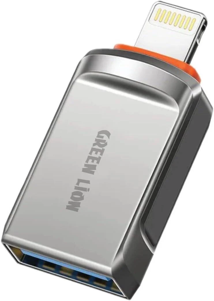 تبدیل او تی جی USB-A به لایتنینگ گرین لاین، سازگاری گسترده، سرعت انتقال چشمگیر، استفاده طولانی مدت، بدنه آلیاژ روی، شارژ 120 واتی، انتقال 480 مگابیت بر ثانیه، مناسب برای تلفن/تبلت/لپ تاپ - خاکستری