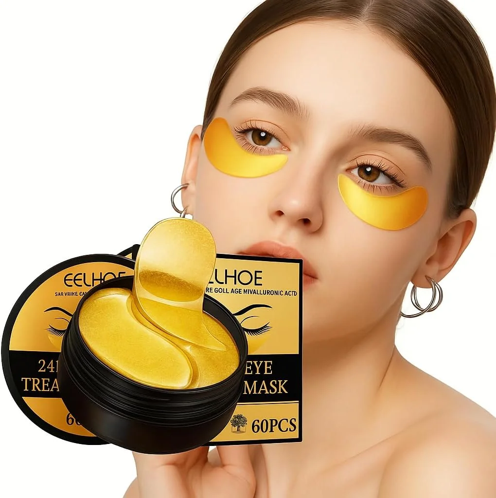 ماسک زیر چشم، 60 عدد ماسک چشم طلای 24 عیار، پچ های ژلی کلاژن چشم با اسید هیالورونیک و عصاره بابونه، مرطوب کننده و سفت کننده، کاهش دهنده چین و چروک، پف و سیاهی دور چشم، برای پدهای کلاژن ضد پیری