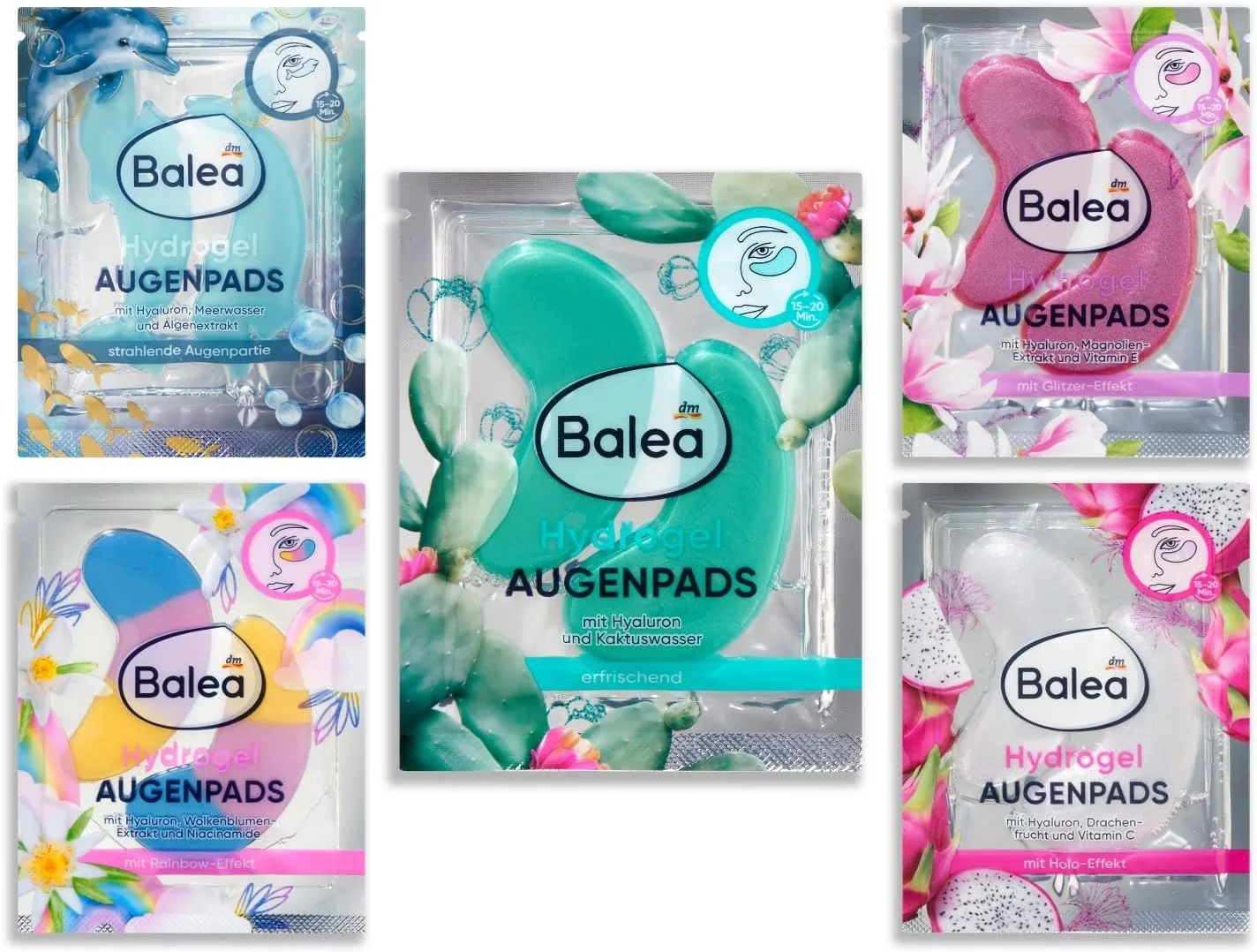 مجموعه پد چشم Balea با 10 پد، بسته هدیه آزمایشی 5 پد چشم مختلف، هیدروژل دو رنگ، هیدروژل اکلیلی، هولو، آب کاکتوس هیدروژل، رنگین کمان هیدروژل (5 x 2 عدد)، 10 ماسک چشم